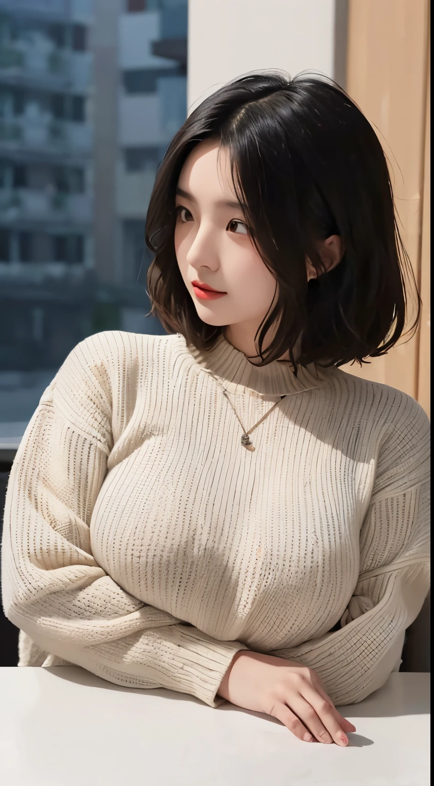 Best quality, tmasterpiece, 超高分辨率,wear a sweater (realistically:1.5), RAW photos, 1个Giant Breast Girl, bshoulder, In the dark night, Depth shadows, low pitch, cold light, Sexy look, Short hair details
