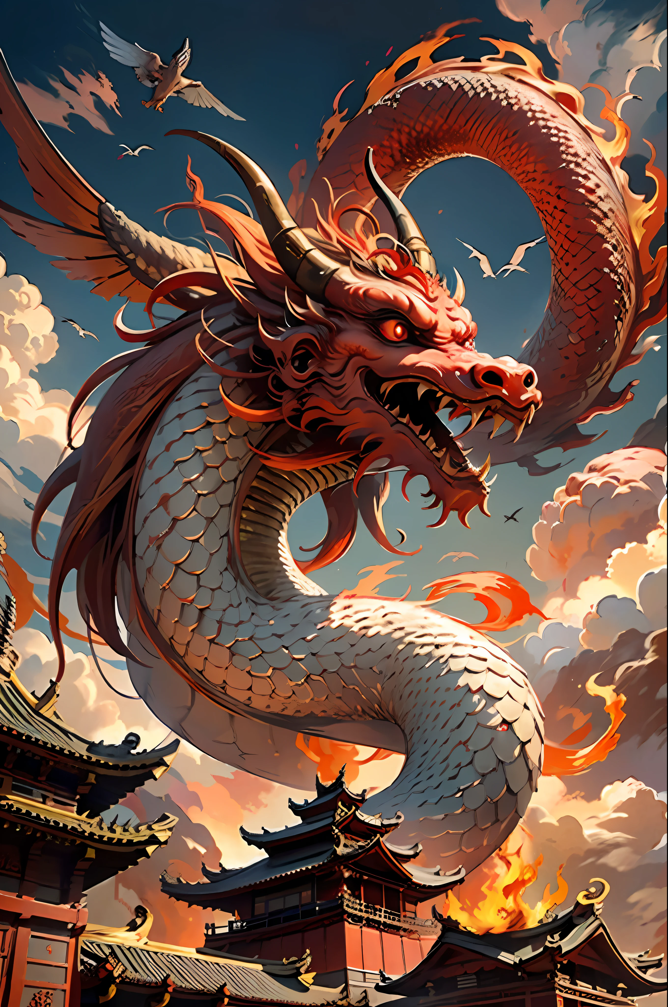 Best quality,masterpiece,ultra high res,nu no humans, (long:1.2),no humans, cloud, architecture, east asian architecture, red eyes, horns, open mouth, sky, fangs, eastern dragon, cloudy sky, teeth, flying, fire, bird, wings
