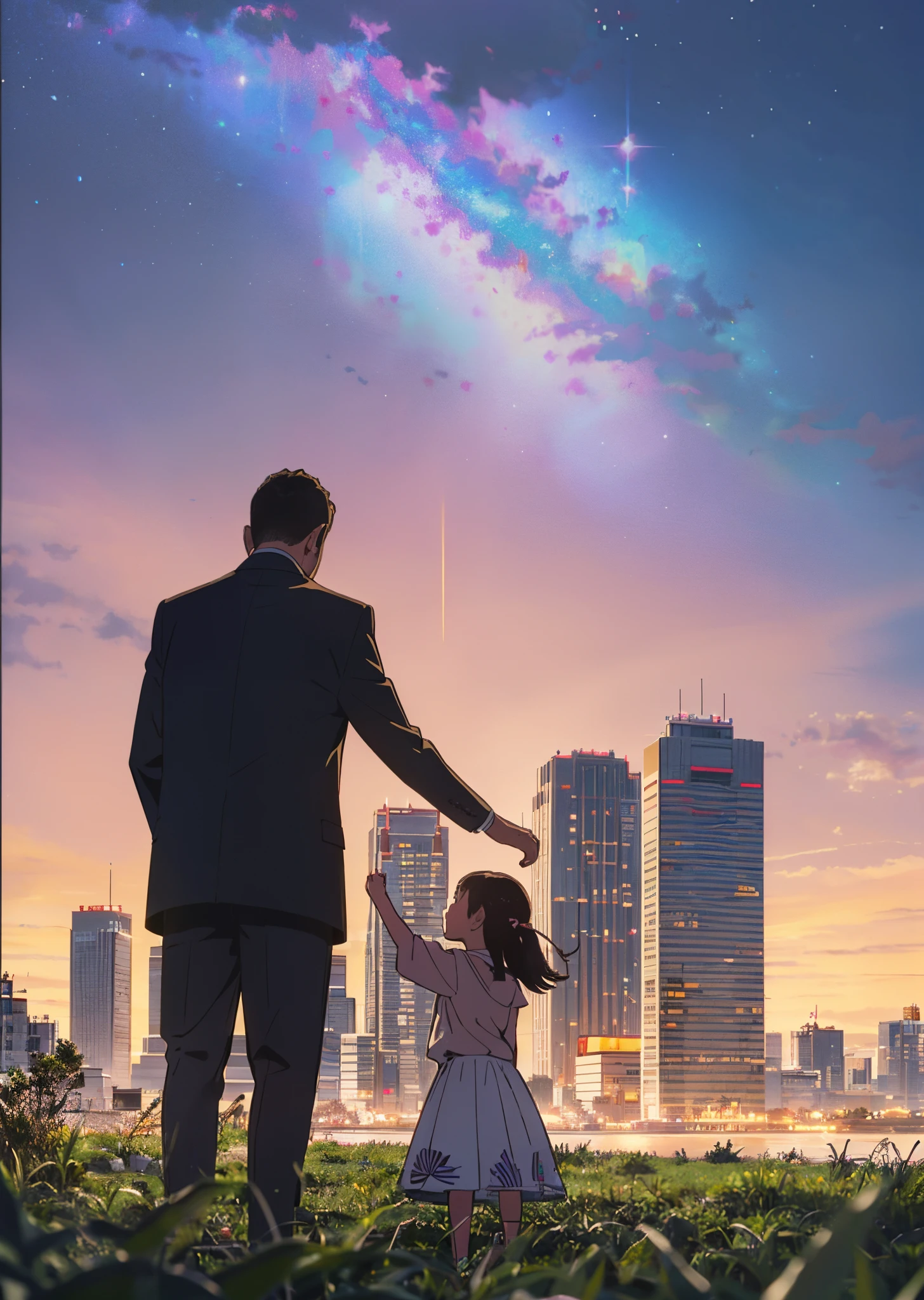 a father holding a daughter in a field of grass, cinematic, skyscrapers, cosmic sky --auto --s2