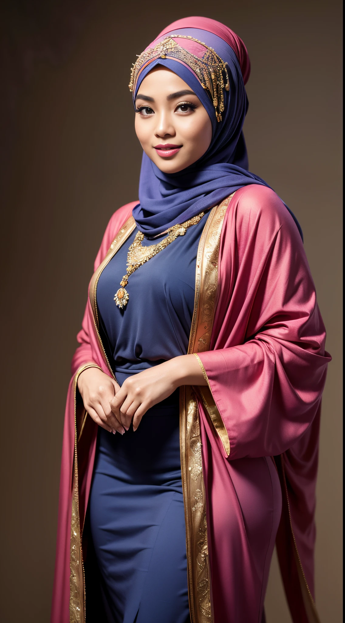 RAW, Best quality, high resolution, masterpiece: 1.3), beautiful Malay woman in hijap:0.8),1beautiful  Malay woman in hijab wearing modern youth Muslim clothing,big breast, modest fashion, flowing shawl, portrait photography, mid shot photo, ultra detail, professional photo with professional lighting, smile, light blue studio random background, sexy seductive pose, curvy ,