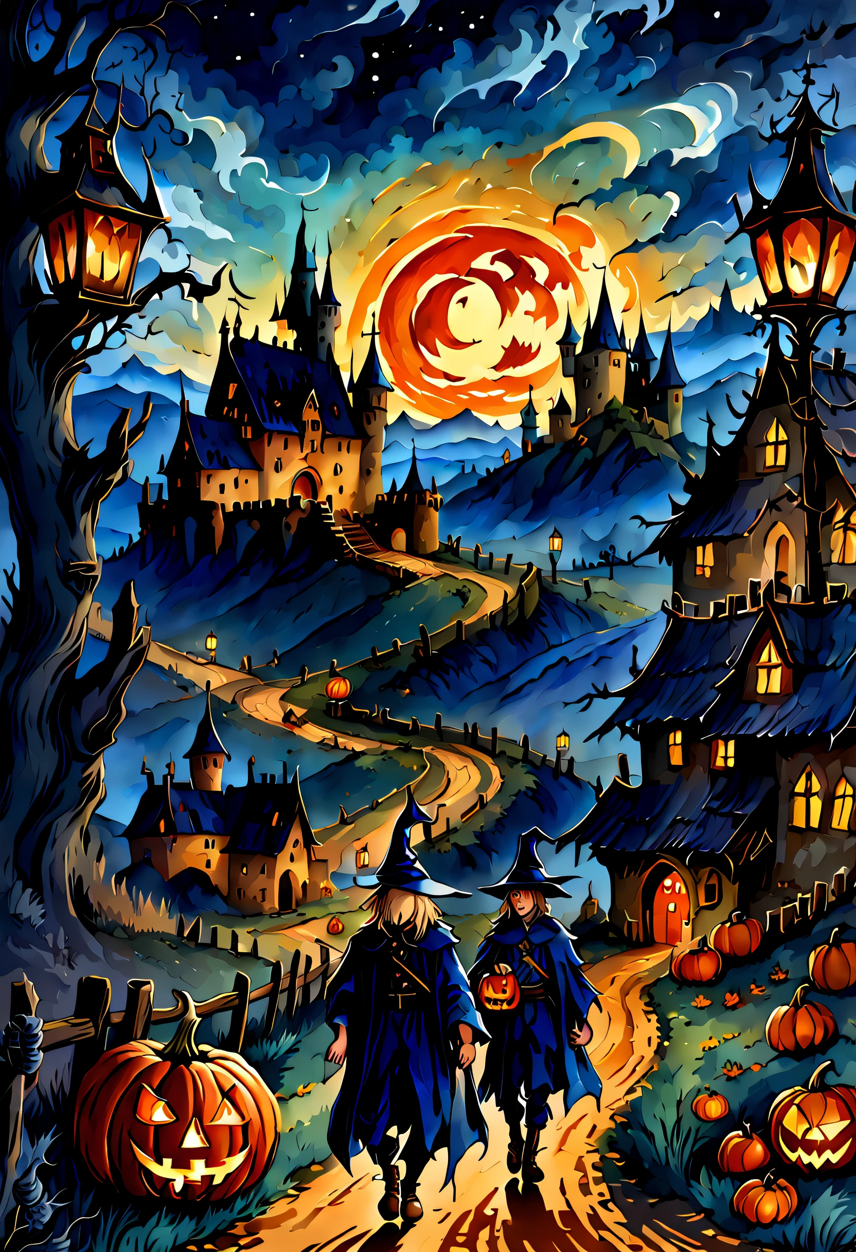 dark blue fantasy landscape, two guys,two little witches,a medieval castle, pumpkin lantern,Two people walking on the road ,christmas, the scarecrow, peasant, Van Gogh style, aquarelle, Hot topics on artstation, Focus sharp, studio photo, Complicated details, The content is very detailed, author:Greg Rutkoski