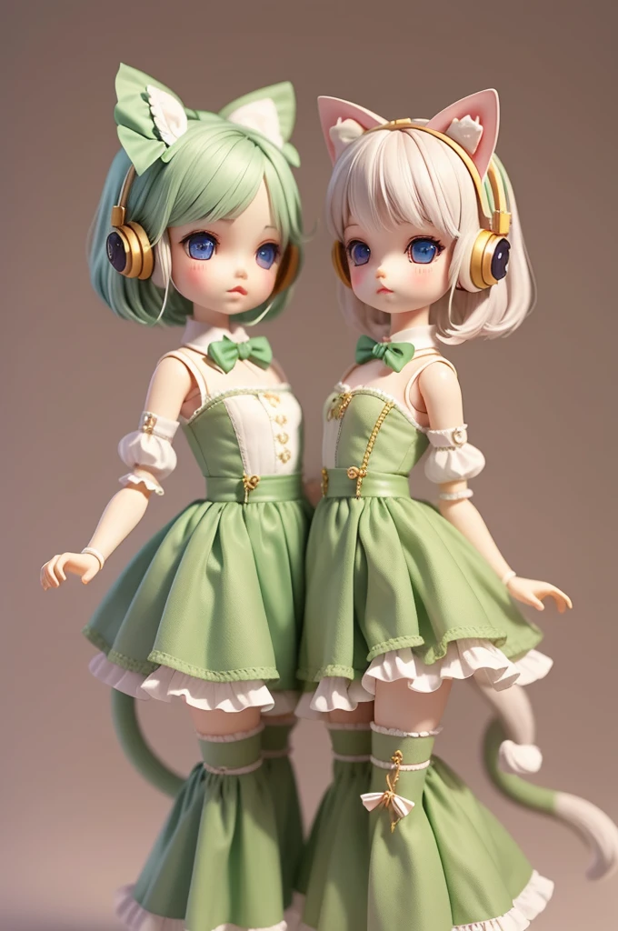 Super cute BJD doll,Genuine fabric,real hair,Short hair details,Two-headed body,Wear ear headphones for cats.,It has a long tail like a cat.,There is a bow tied around the tail.,Medium composition throughout
