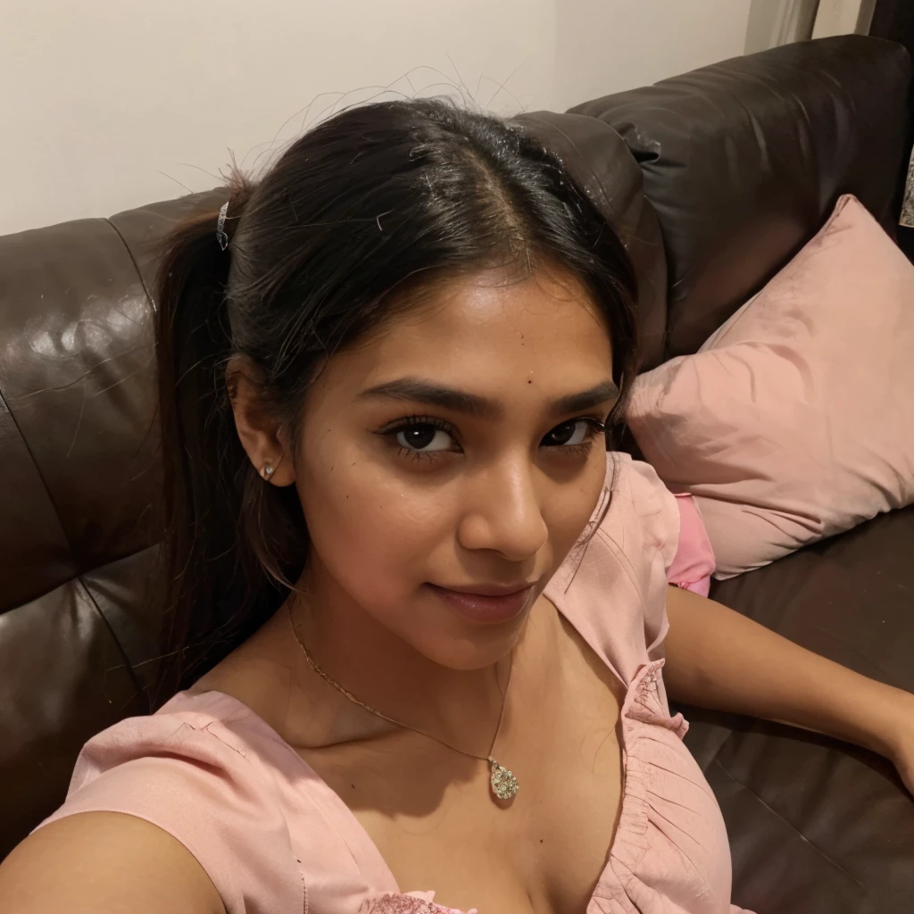 ((self-taken close up photo)), natural colors, ((selfie photo)), of a 22-year-old Sri Lankan woman named Kasuni, (dark long ponytail hair), dark fair skin, black eyes, feminine features, iPhone, mobile quality, mobile focus, tack smooth, Instagram filter, TikTok filter, detailed face, detailed eyes, oiled skin, profile picture, smiling, ((sitting on a luxury couch)), ((pink dress, ladies jewelry)), natural lighting.