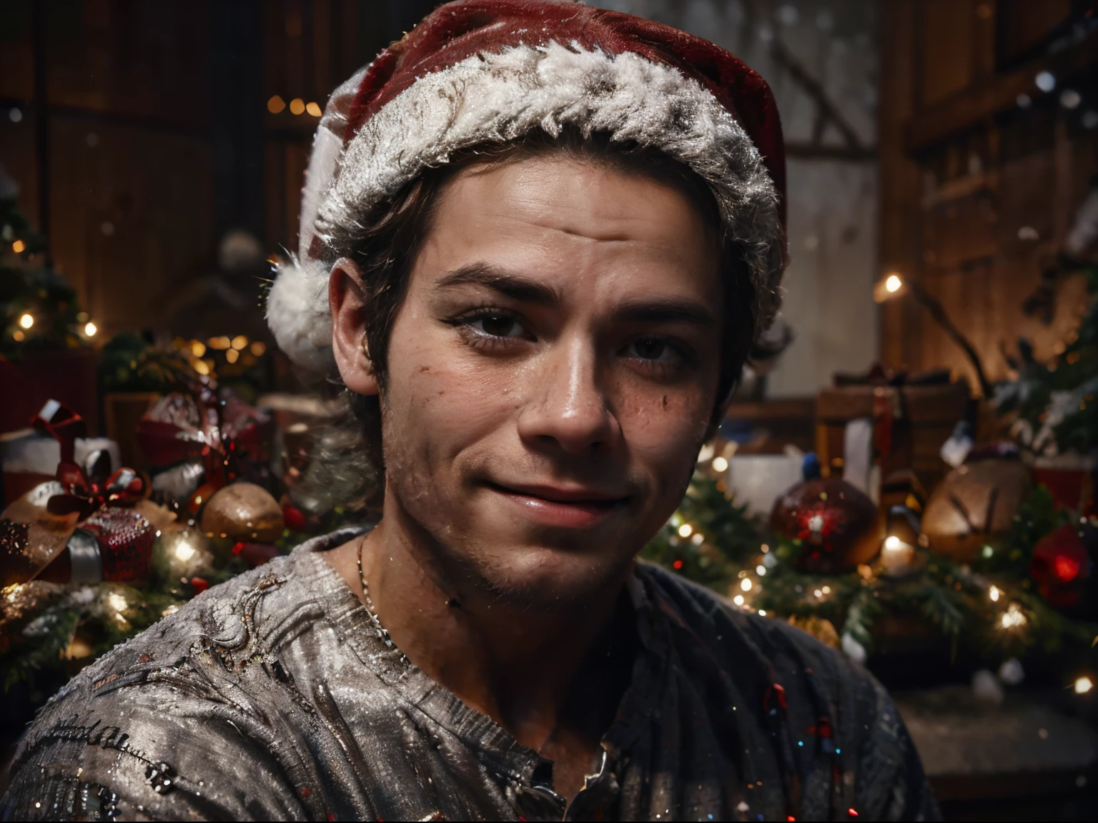 Dylan O.&#39;Brien com hiper-realismo, Ultra-detailed facial features, sorrindo , Santa cap