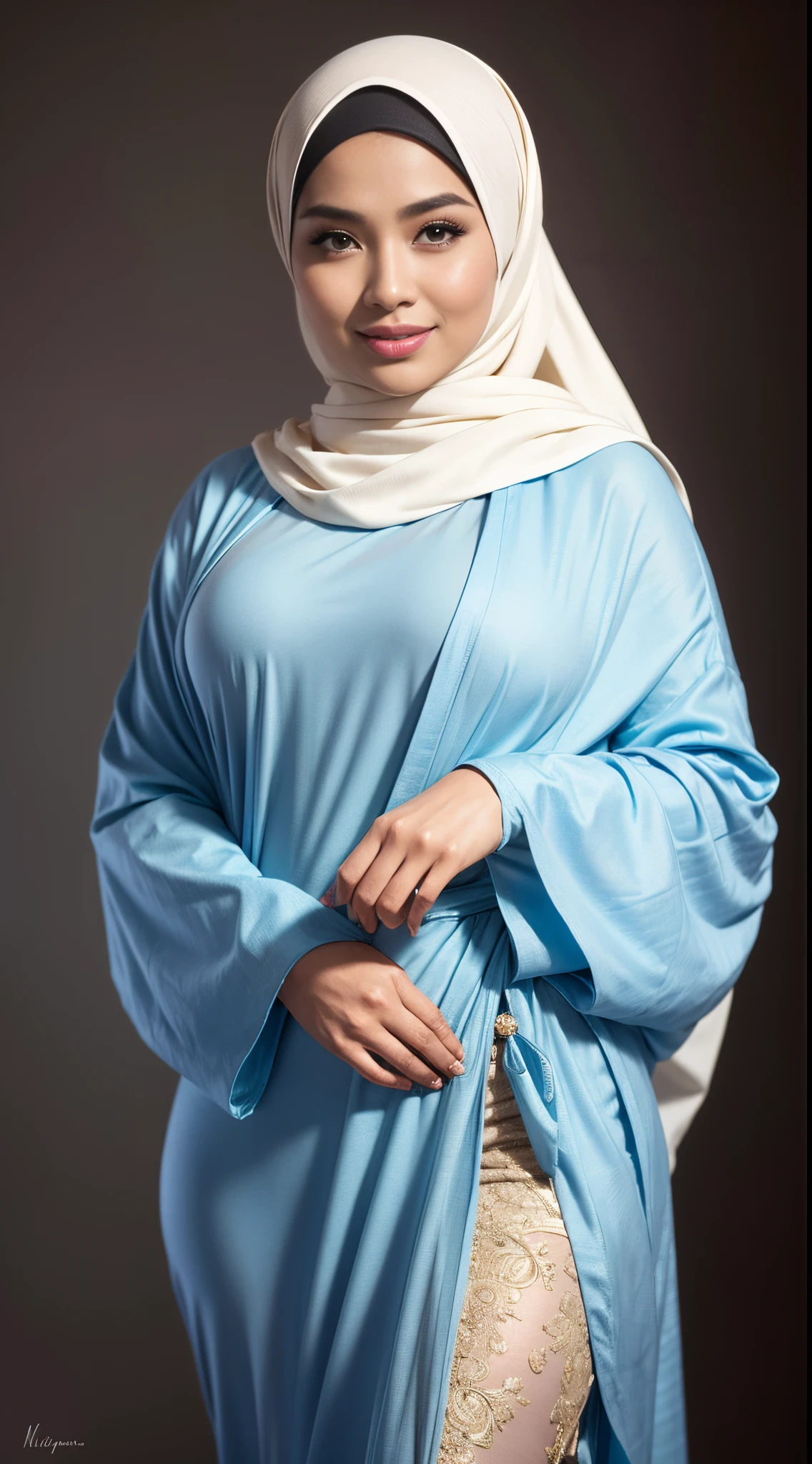 RAW, Best quality, high resolution, masterpiece: 1.3), beautiful Malay woman in hijap:0.8),1beautiful Malay woman in hijab wearing modern youth Muslim clothing,big breast, modest fashion, flowing shawl, portrait photography, mid shot photo, ultra detail, professional photo with professional lighting, smile, light blue studio random background, sexy seductive pose, curvy ,