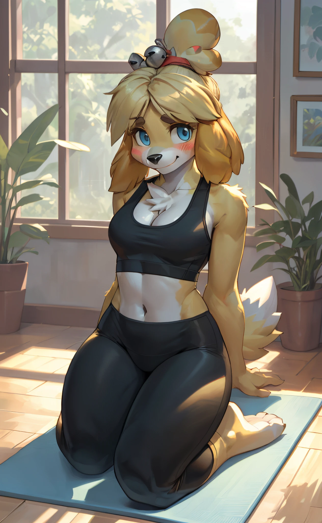 [isaCrossing], [Isabelle; Animal Crossing], [Uploaded to e621.net; (Pixelsketcher), (wamudraws)], ((masterpiece)), ((HD)), ((solo portrait)), ((front view)), ((feet visible)), ((furry; anthro)), ((detailed fur)), ((detailed shading)), ((beautiful render art)), {anthro; (slim figure), yellow fur, black nose, small brown eyebrows, cute surprised blue eyes, cute smile, (blushing), blonde hair, (bells in hair), topknot, fluffy tail, (curvy hips), (beautiful legs), (beautiful feet)}, {(red ribbon in hair), (green tank top), (cleavage), (navel), (black spandex yoga pants)}, {(on yoga mat), (kneeling), (looking at viewer)}, [background; (living room), (window), (sun rays)]