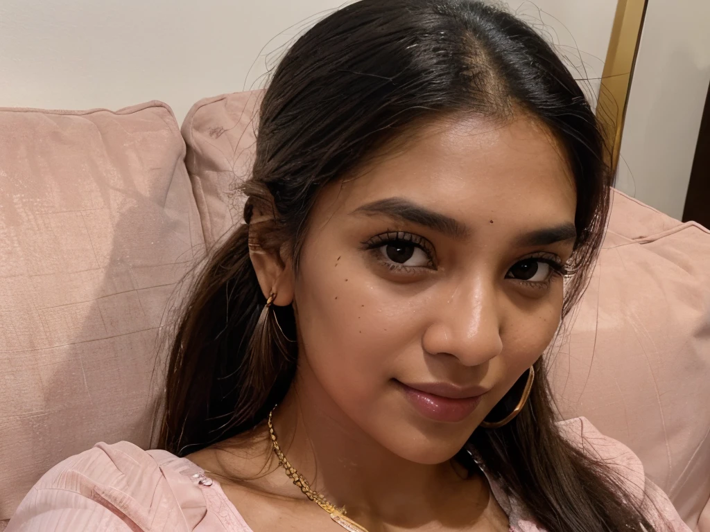 ((self-taken close up photo)), natural colors, ((selfie photo)), of a 22-year-old Sri Lankan woman named Kasuni, (dark long ponytail hair), dark fair skin, black eyes, feminine features, iPhone, mobile quality, mobile focus, tack smooth, Instagram filter, TikTok filter, detailed face, detailed eyes, oiled skin, profile picture, smiling, ((sitting on a luxury couch)), ((pink dress, ladies jewelry)), natural lighting.