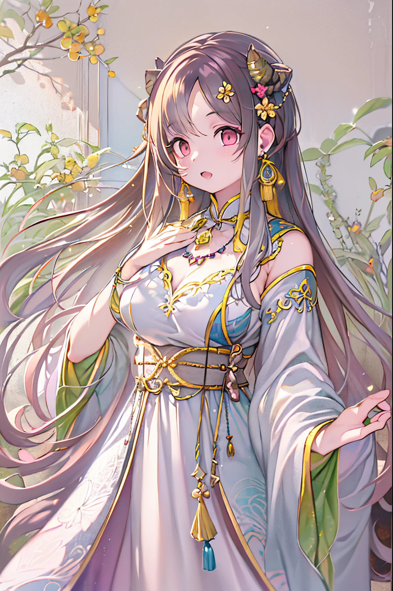 1girl in, long_hair, Portrait, Upper body, China Transparent Silk Dress, Dress, Hair Ornament, Necklace, Jewelry, Long hair, earrings, chinese clothes