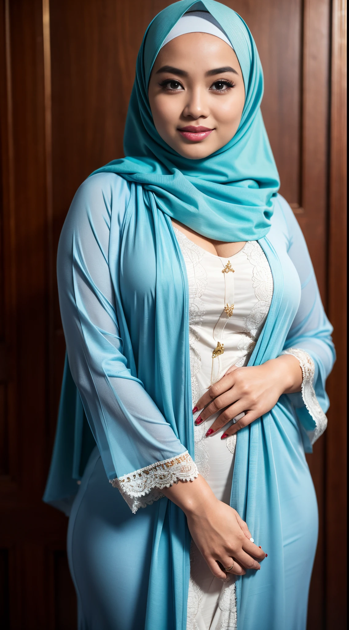 RAW, Best quality, high resolution, masterpiece: 1.3), beautiful Malay woman in hijap:0.8),1beautiful  Malay woman in hijab wearing modern youth Muslim clothing,big breast, modest fashion, flowing shawl, portrait photography, mid shot photo, ultra detail, professional photo with professional lighting, smile, light blue studio random background, sexy seductive pose, curvy ,