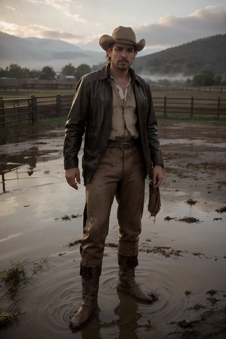 **/an image that depicts a scene of 1880s 1 cowboy on Montana cattle ranch, cinematic still, feel of Director Alejandro González Iñárritu, wet, mud, some puddles, fog overcast, morning, mist, photorealistic, full body shot, whole body shot, full body view, 50mm, f/22, shutter 1/60, iso 300, --ar 2:3 --v 5.2** - (fast)