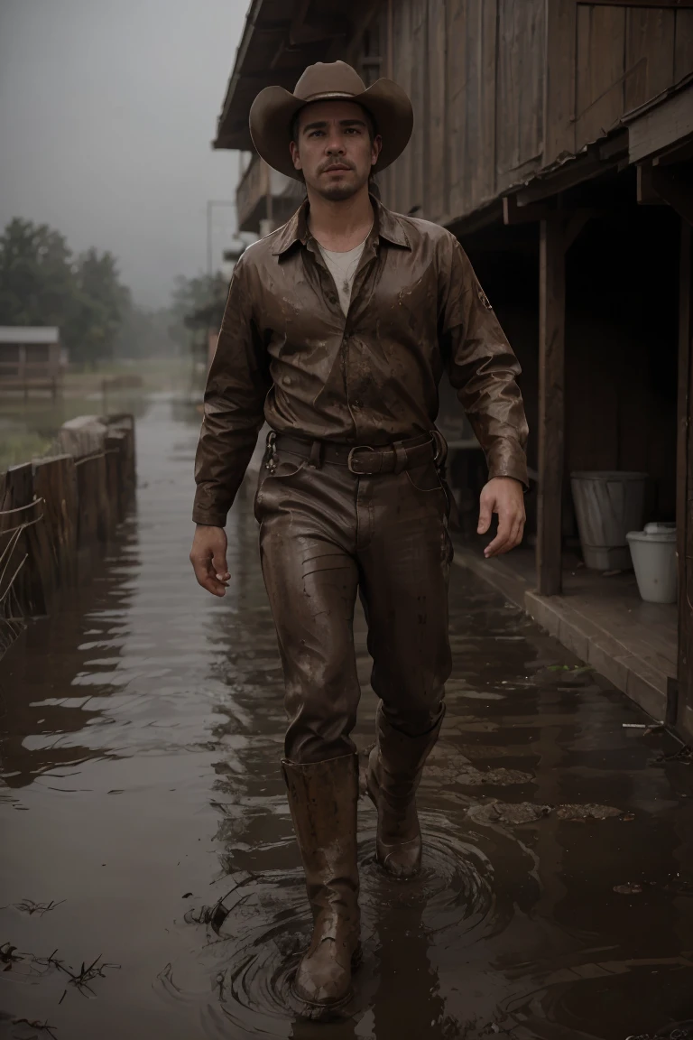 **/an image that depicts a scene of 1880s 1 cowboy on Montana cattle ranch, cinematic still, feel of Director Alejandro González Iñárritu, wet, mud, some puddles, fog overcast, morning, mist, photorealistic, full body shot, whole body shot, full body view, 50mm, f/22, shutter 1/60, iso 300, --ar 2:3 --v 5.2** - (fast)