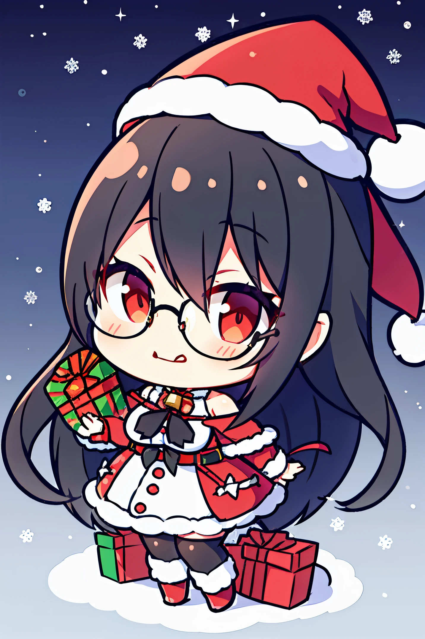 "anime girl, 1 person, black hair, shoulder length hair, red eyes, glasses, white horns, discreet, santa outfit, santa shirt, santa hat, winter outfit, big breasts, stockings, licking lips, small black wings on back, solo, front view, falling snow, Christmas gift box,chibi,full body,Christmaull HD 4K+ image)"