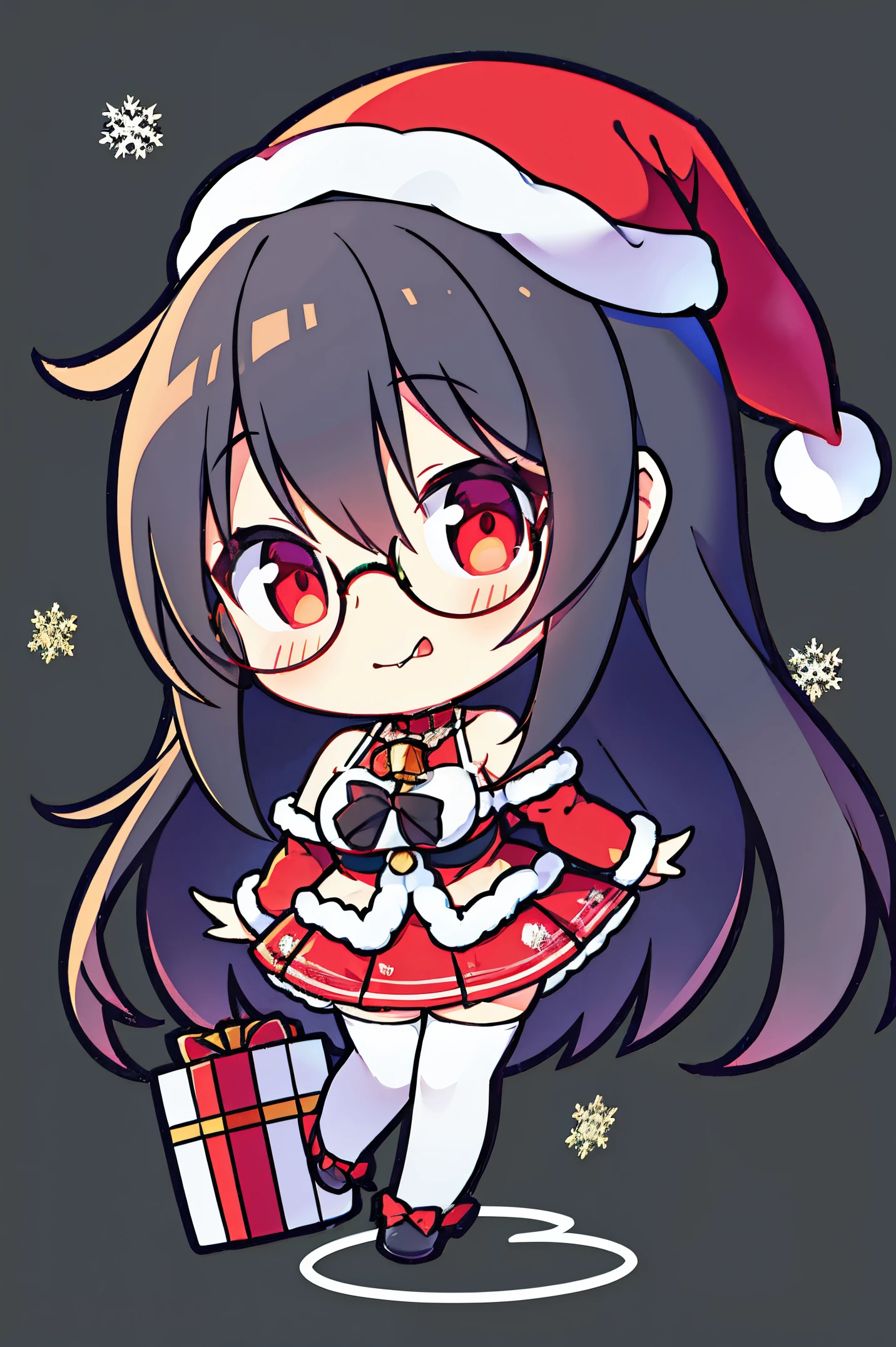 "anime girl, 1 person, black hair, shoulder length hair, red eyes, glasses, white horns, discreet, santa outfit, santa shirt, santa hat, winter outfit, big breasts, stockings,  licking lips, small black wings on back, solo, front view, falling snow, Christmas gift box,chibi,full body,Christmaull HD 4K+ image)"