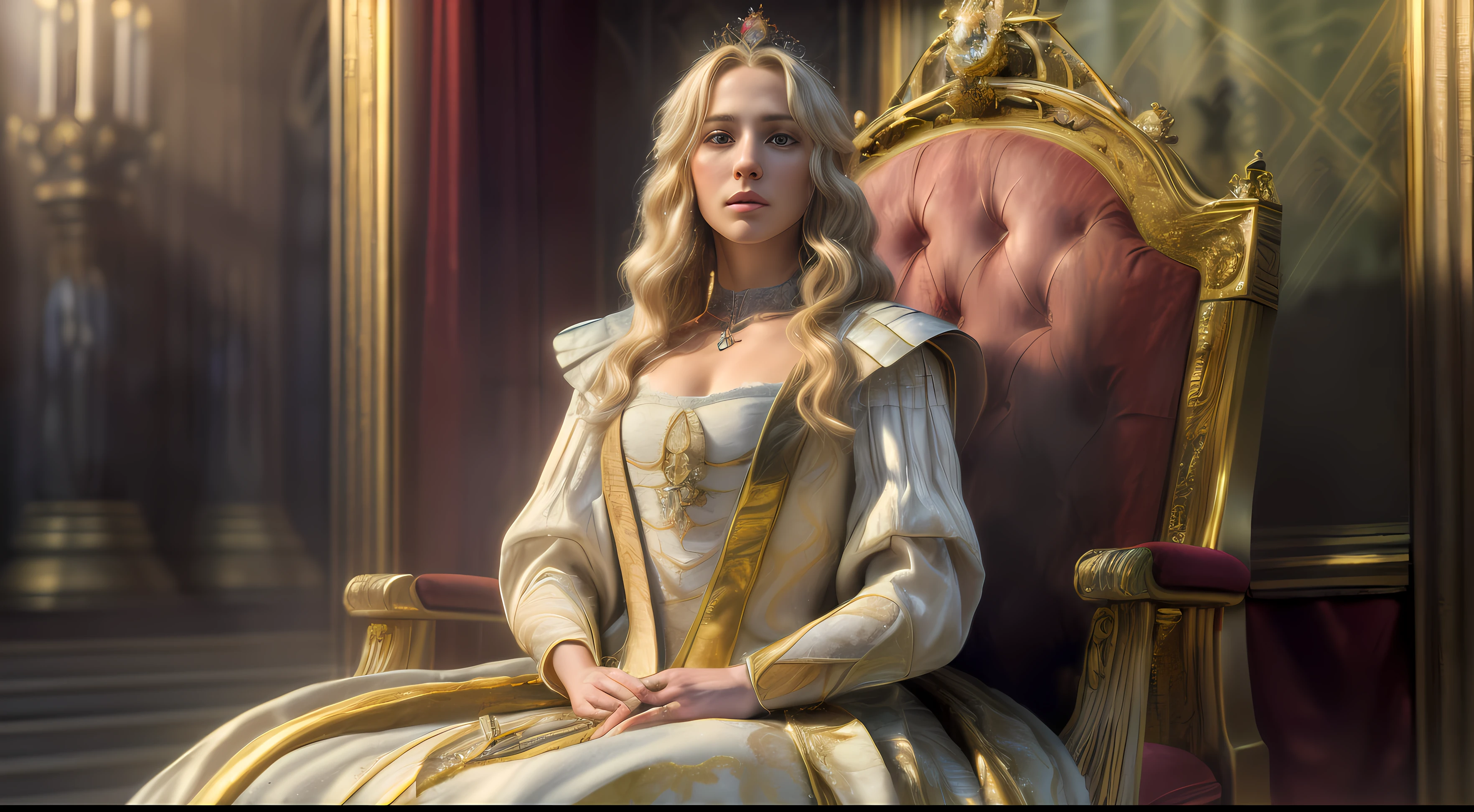 (best quality,4k,8k,highres,masterpiece:1.2),ultra-detailed,(realistic,photorealistic,photo-realistic:1.37),lora:wrc:1,wrc style,beautiful woman with flowing blond hair,sitting gracefully in a royal chamber,dressed in an exquisite royal outfit,transporting us to a medieval setting.