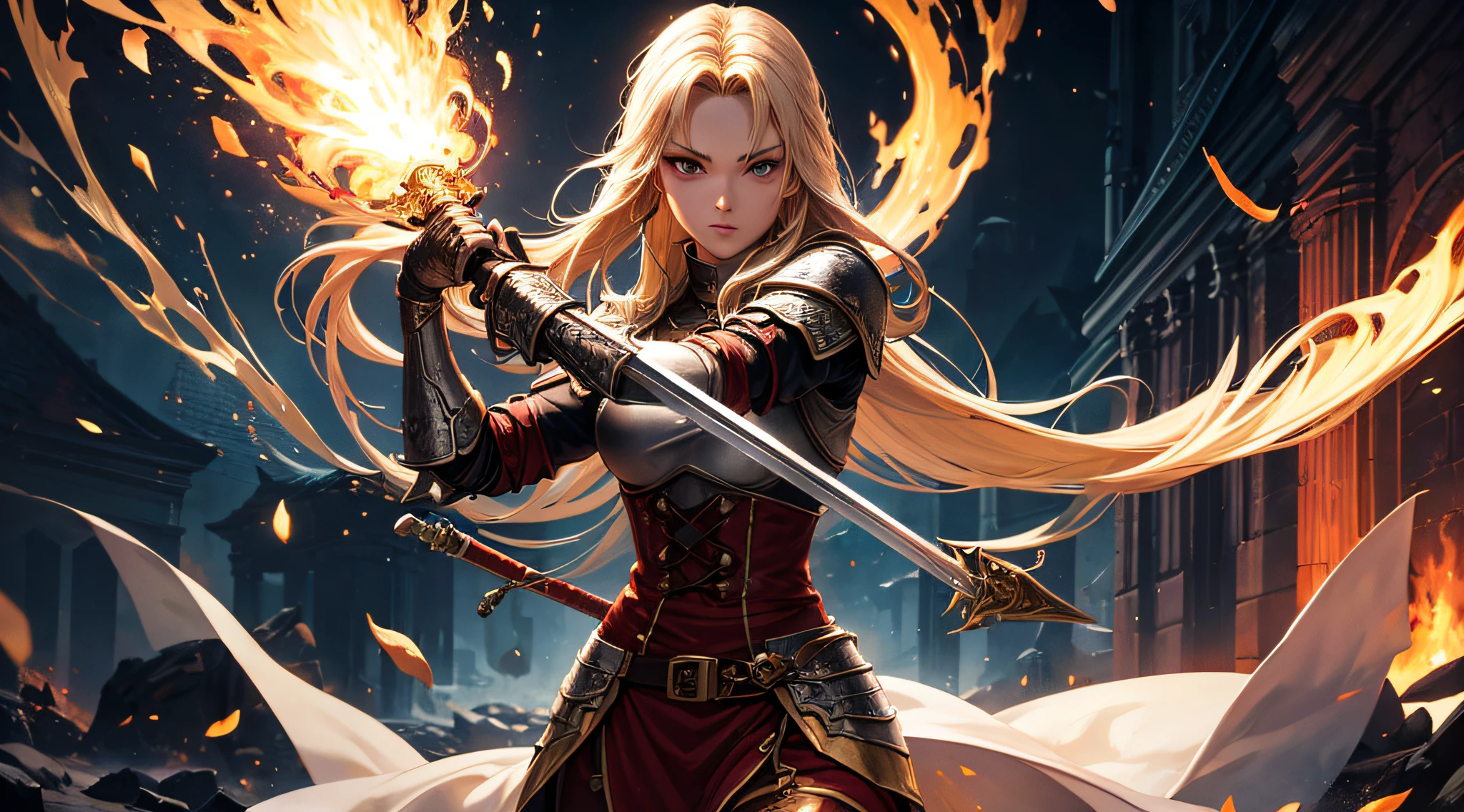 masutepiece,Best Quality,ultra-detailliert,1 female swordsman,upperbody shot,Fire Sword,a blond,Long hair,Straight hair,look at viewr,Dark Souls