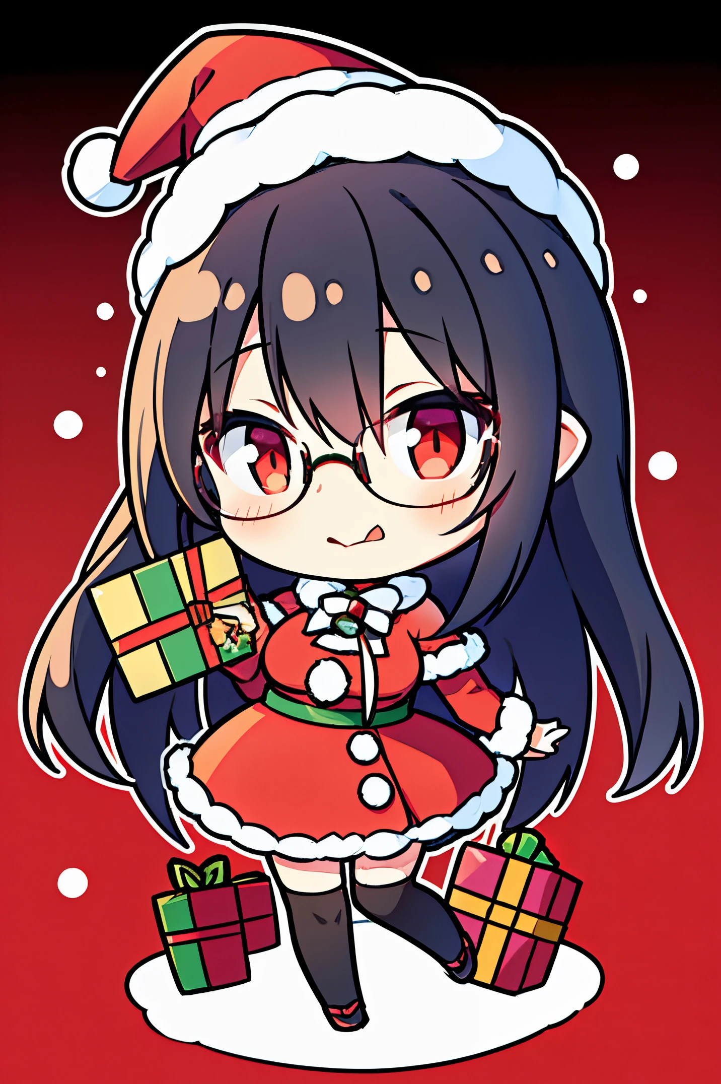 "anime girl, 1 person, black hair, shoulder length hair, red eyes, glasses, white horns, discreet, santa outfit, santa shirt, santa hat, winter outfit, big breasts, stockings,  licking lips, small black wings on back, solo, front view, falling snow, Christmas gift box,chibi,full body,Christmaull HD 4K+ image)"