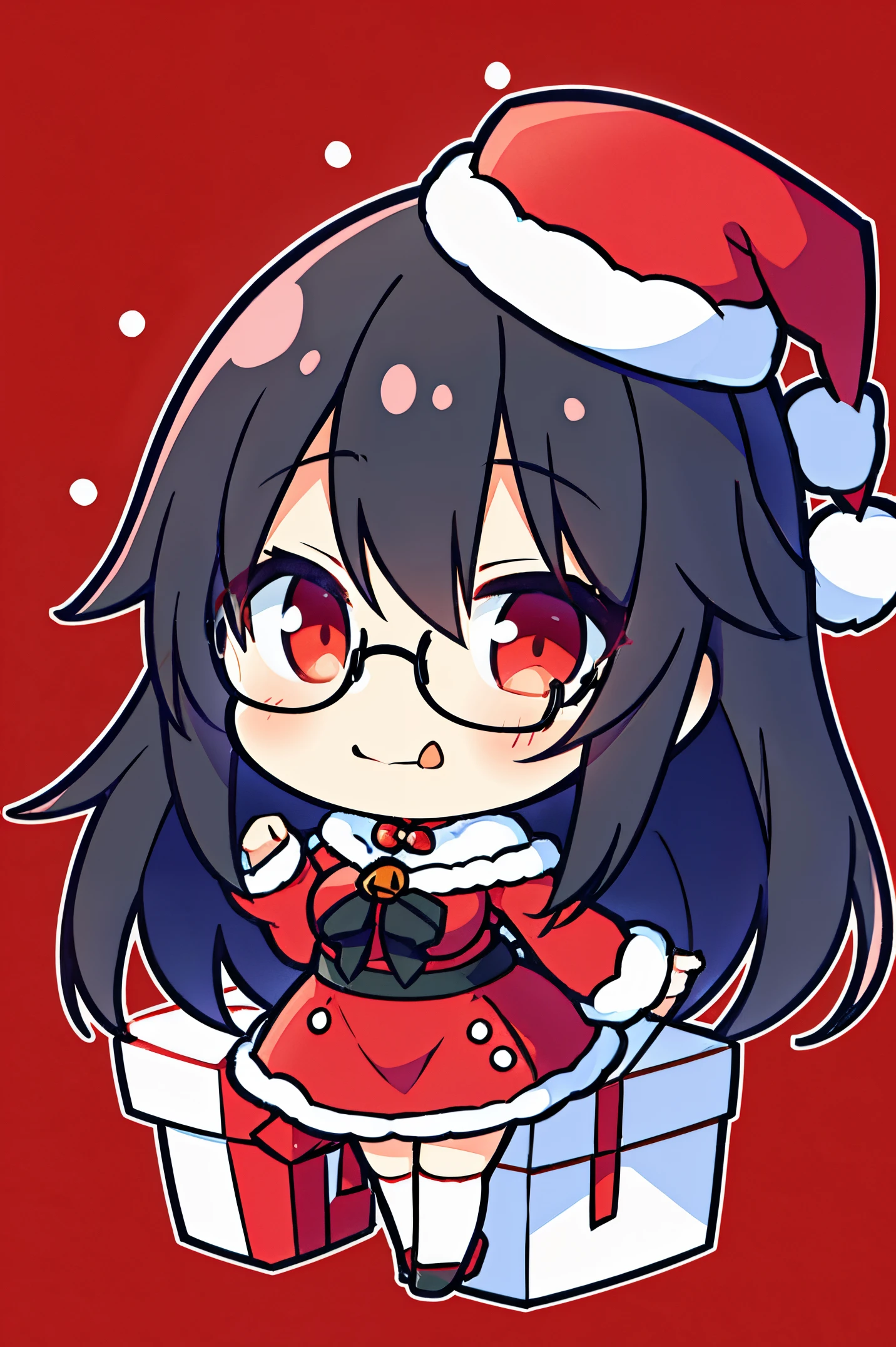 "anime girl, 1 person, black hair, shoulder length hair, red eyes, glasses, white horns, discreet, santa outfit, santa shirt, santa hat, winter outfit, big breasts, stockings, licking lips, small black wings on back, solo, front view, falling snow, Christmas gift box,chibi,full body,Christmaull HD 4K+ image)"