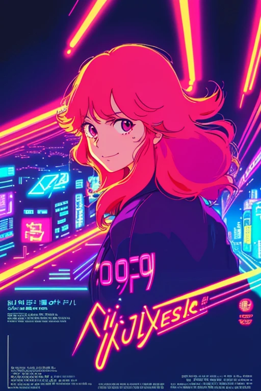 masterpiece, best quality, 1girl, city pop, ghibli, akira, night, neon lights, looking at viewer, body at an angle, upper body, slight smile, excited face, vector illustration, 80s clothing, long hair, 80s, neo tokyo, synthwave, abstract background with shapes, 80s anime, retro poster