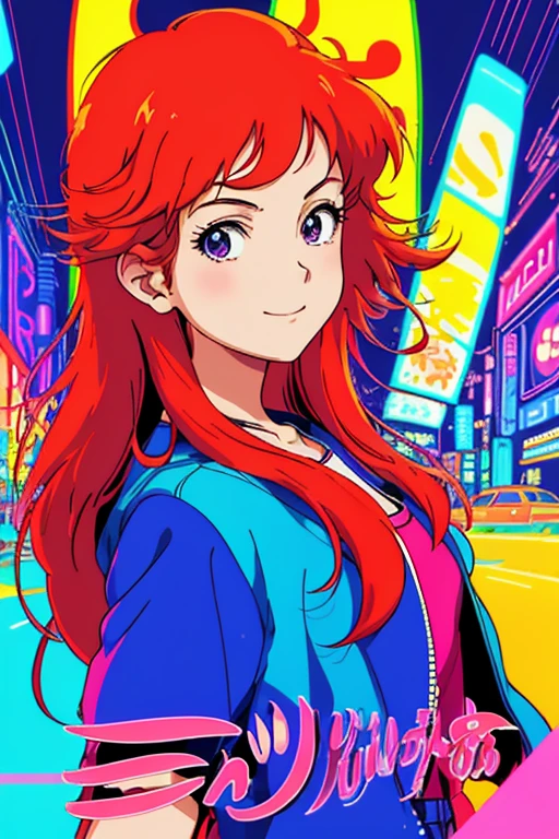 masterpiece, best quality, 1girl, city pop, ghibli, akira, night, neon lights, looking at viewer, body at an angle, upper body, slight smile, excited face, vector illustration, 80s clothing, long hair, 80s, neo tokyo, synthwave, abstract background with shapes, 80s anime, retro poster