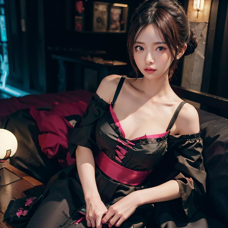 Japanese Woman, black gothic satin maid outfit, Off-the-shoulder spaghetti strap satin top, downtown tokyo, pink and teal neon ads, absurdres, high res, ultrasharp, 8K, masterpiece, looking at viewer