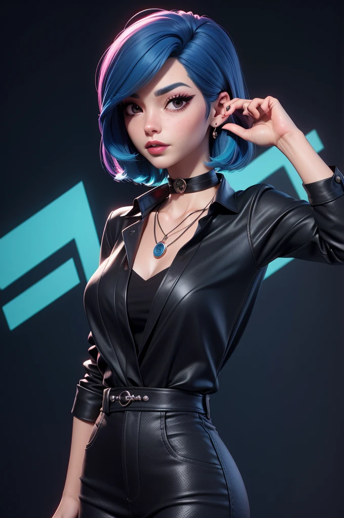 masterpiece, bestquality,3d rending jobs ,style  .3DMM,close up shot,portrait,  .3D,1girls, multicolored hair, blue hair, Black Hair, necklace, jewelry, two-tone hair, sideways glance, Realistic, Full body, Two hands raise the KOLS sign..Network 2023,Kiss the wind KOLS.network,  background, bangs, Look straight ahead., Short Hair Hair, parted lips, Black eyes, lips, gothic, choker, Makeup, moles, black shirt, shirt, watermark