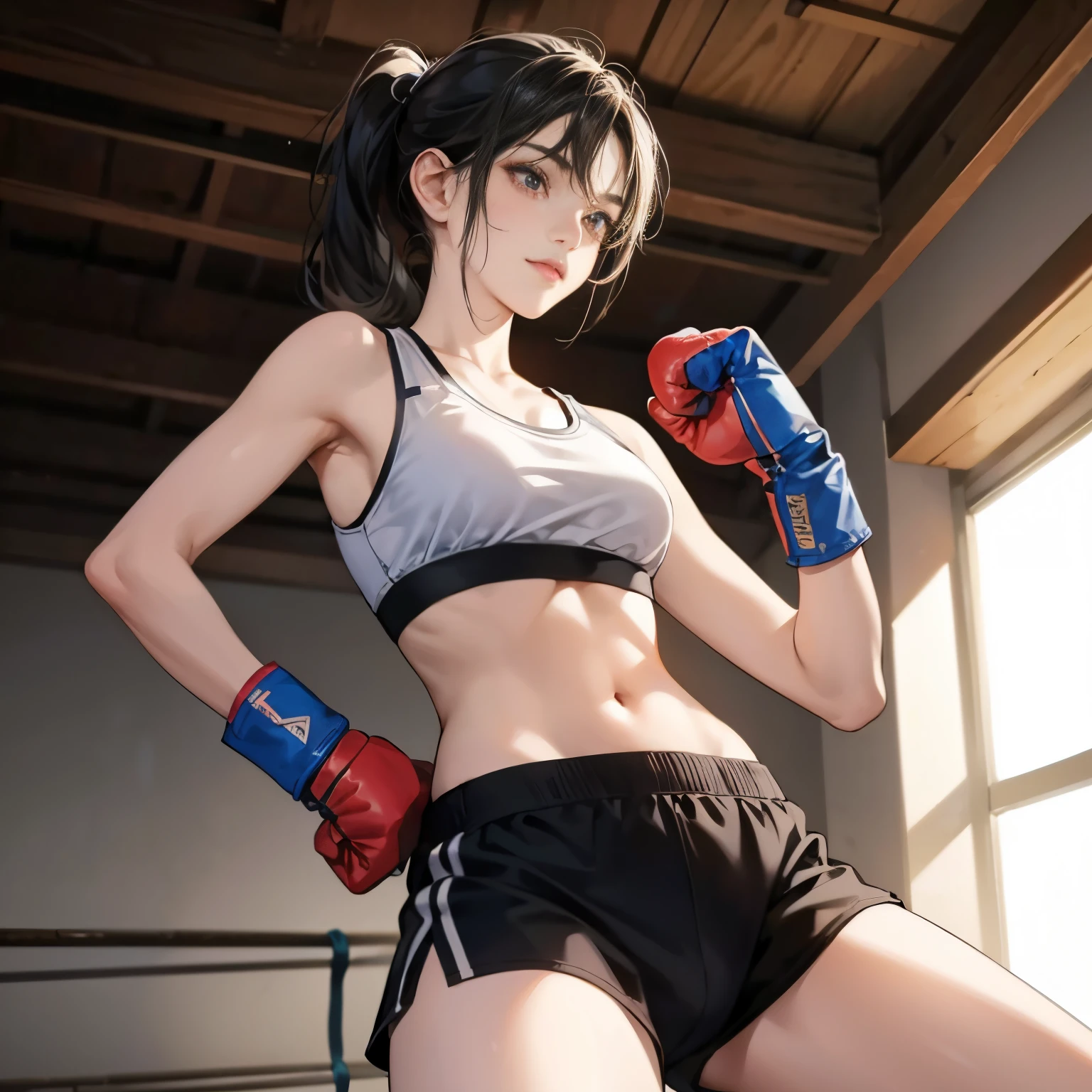 1 girl,Boyish handsome girl is practicing boxing,ssmile,poneyTail,A dark-haired,A slender,Slender but big breasts,Navel,Sportsbra,Boxer shorts,espadrilles,Boxing gloves,photorealisim,​masterpiece,At the boxing gym,