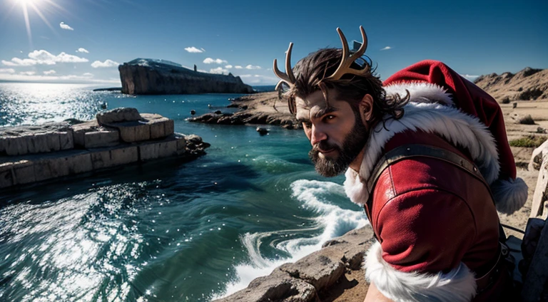 Zeus greek god as Santa Claus outfit  post-apocalyptic world Ride a large, fierce, and formidable cyborg reindeer. Cross through the abandoned  Atlantis empire ,a lot item around , Surreal, mysterious  colorful