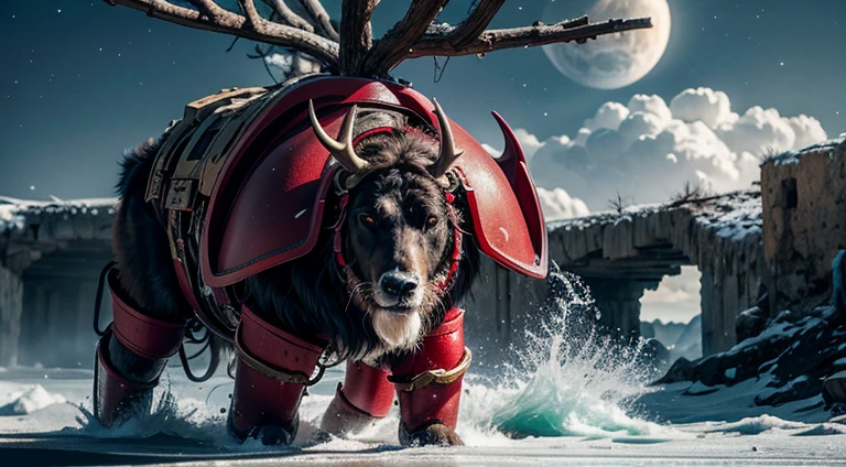 Zeus greek god as Santa Claus outfit post-apocalyptic world Ride a large, fierce, and formidable cyborg reindeer. Cross through the abandoned Atlantis empire ,a lot item around , Surreal, mysterious colorful