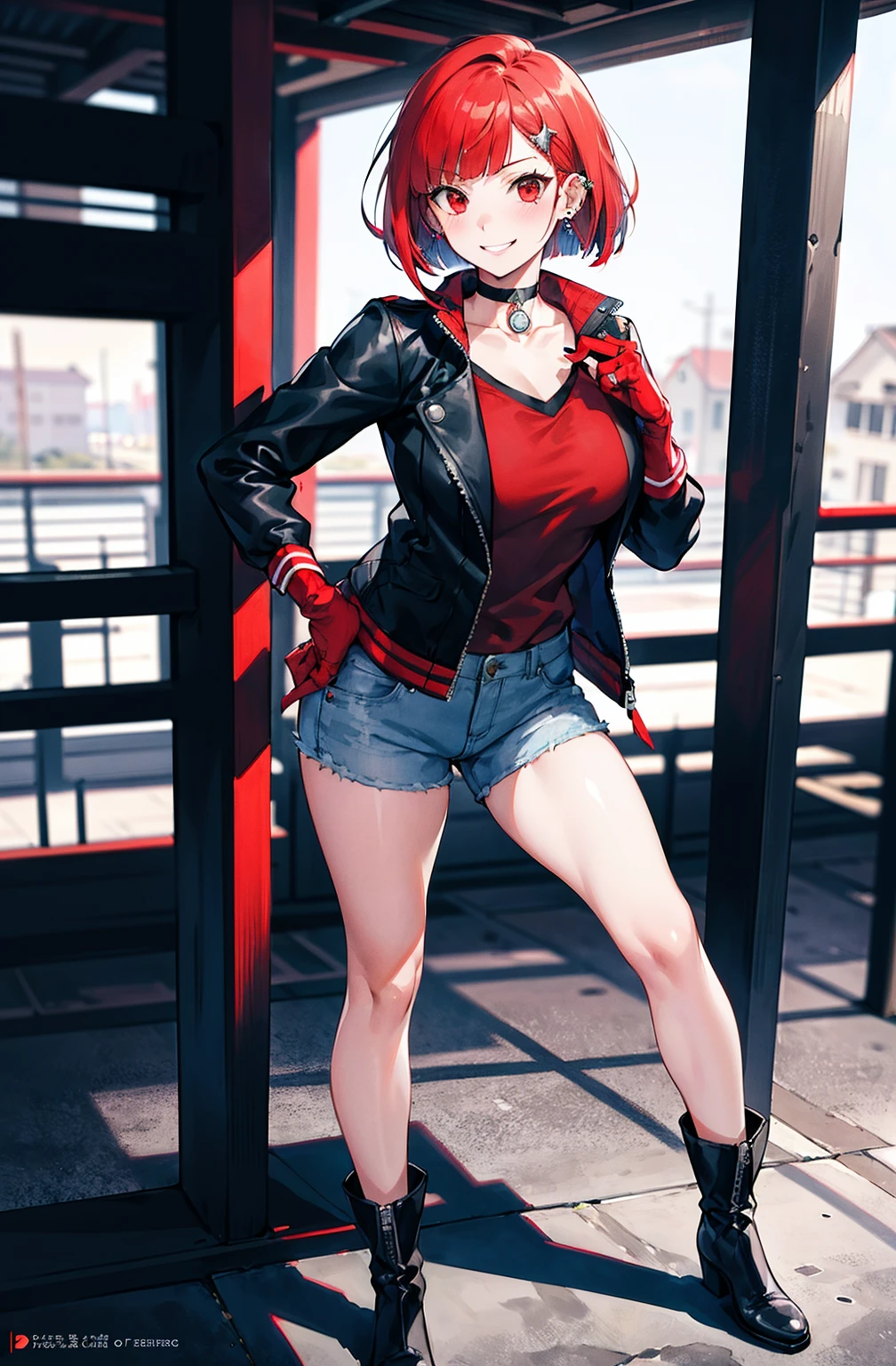in the style of persona 5, smal breast, delinquent, (sukeban), mature_female, blush, mature, older woman, 25 years old, Sukeban teacher outfit, (1girl, solo female, solo, solo focus)++++, choker, sukeban school teacher, long_sleeves, open jacket, blue jacket jean, light skin tone female, full body, jacket, biker jacket, tape, arm_support, gloves, red_gloves, bridal gauntlets, nail polish, boots, hioots, black_footwear, fighter outfit, full body, hourglass, mature face, cheeky smile, cheeky face, wrinkles, (red hair, short hair, bob cut, earrings, ear piercings), red eyes, realistic, (fighting art, Martial arts, standing, fighting_stance, fight, fighting), extra colors, 2D, megapixel, perfectionism, accent lighting, full HD , (Masterpiece:1.2), (full-body-shot:1),(cowboy shot:1.2), (Highly detailed:1.2),(Detailed Face:1.2), Colorful, A detailed eye, (Detailed landscape:1.2), (natural lighting:1.2), ((sukeban school teacher)) by Vincent Di Fate: Aidyllery, Anamorphic Shot, rule of thirds, face by Artgerm and WLOP,