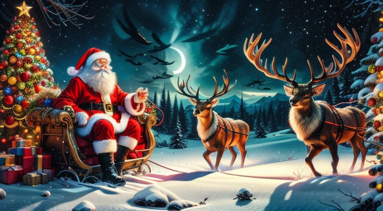 Zeus greek god as Santa Claus outfit post-apocalyptic world Ride a large, fierce, and formidable cyborg reindeer. Cross through the abandoned Atlantis empire ,a lot item around , Surreal, mysterious colorful