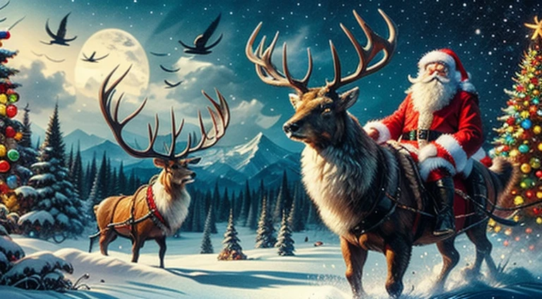 Zeus greek god as Santa Claus outfit post-apocalyptic world Ride a large, fierce, and formidable cyborg reindeer. Cross through the abandoned Atlantis empire ,a lot item around , Surreal, mysterious colorful