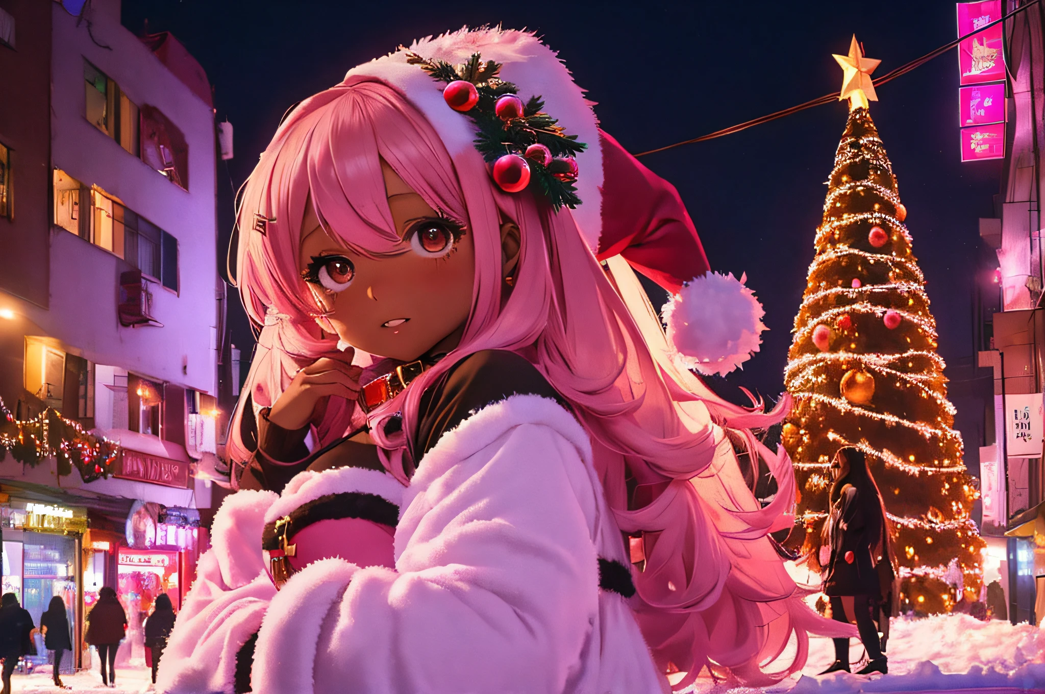 In a snowy city in winter,Voluminous and fluffy Santa costume,Christmas tree,Beautiful and fantastic night view,pink hair,black Eyes,There are many gifts and ornaments around, (((brown skin girl))), pink