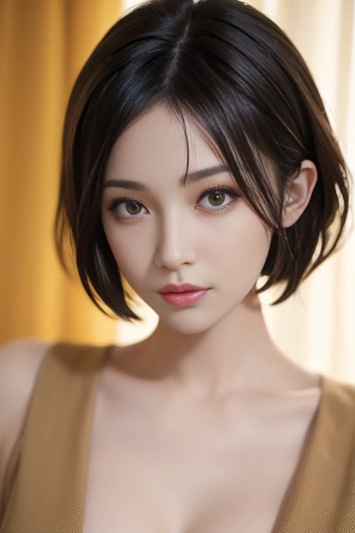 (masuter piece:1.3)、(8K、Photorealsitic、Raw photography、top-quality: 1.4)、(1girl in)、美丽的面容、(Lifelike face)、(A dark-haired、short-hair:1.3)、Beautiful hairstyle、realistic eyes beautiful details、(real looking skin)、Beautiful skins、(gold sweater),enticing、超A high resolution、A hyper-realistic、high-detail、the golden ratio,