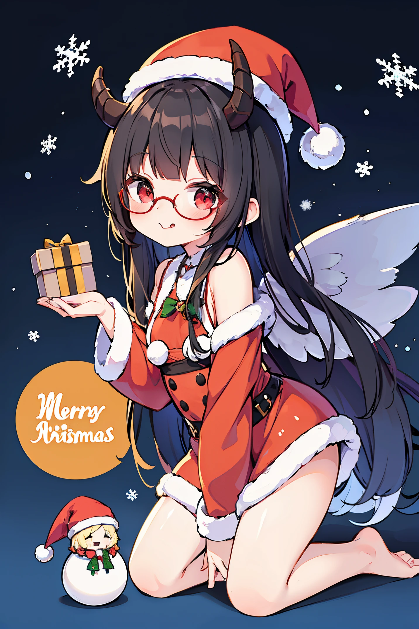 "anime girl, 1 person, black hair, shoulder length hair, red eyes, glasses, white horns, discreet, santa outfit, santa shirt, santa hat, winter outfit, big breasts, stockings,  licking lips, small black wings on back, solo, front view, falling snow, Christmas gift box,chibi,full body,Christmaull HD 4K+ image)"