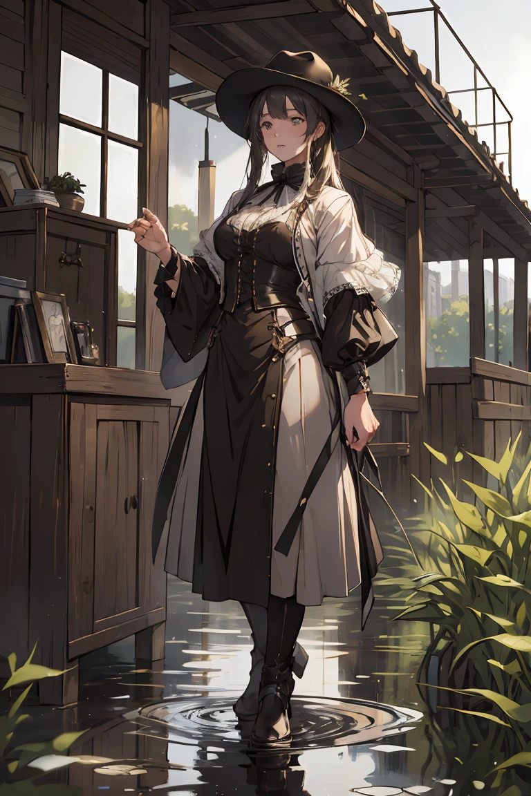 **/an image that depicts a scene of 1880s 1 sexy cowgirl on Montana cattle ranch with a horse behind her, cinematic still, feel of Director Alejandro González Iñárritu, wet, mud, some puddles, fog overcast, morning, mist, photorealistic, full body shot, whole body shot, full body view, 50mm, f/22, shutter 1/60, iso 300, --ar 2:3 --v 5.2** - (fast)