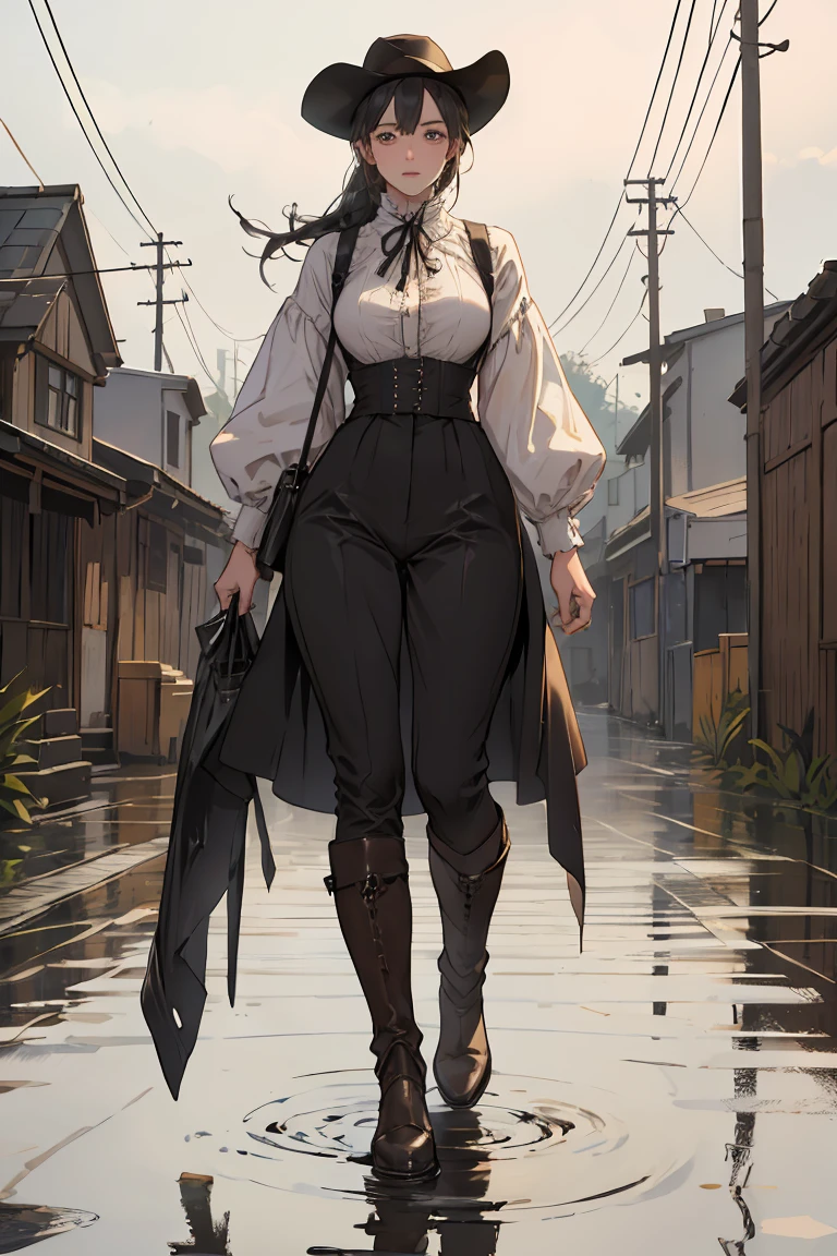 **/an image that depicts a scene of 1880s 1 sexy cowgirl on Montana cattle ranch with a horse behind her, cinematic still, feel of Director Alejandro González Iñárritu, wet, mud, some puddles, fog overcast, morning, mist, photorealistic, full body shot, whole body shot, full body view, 50mm, f/22, shutter 1/60, iso 300, --ar 2:3 --v 5.2** - (fast)