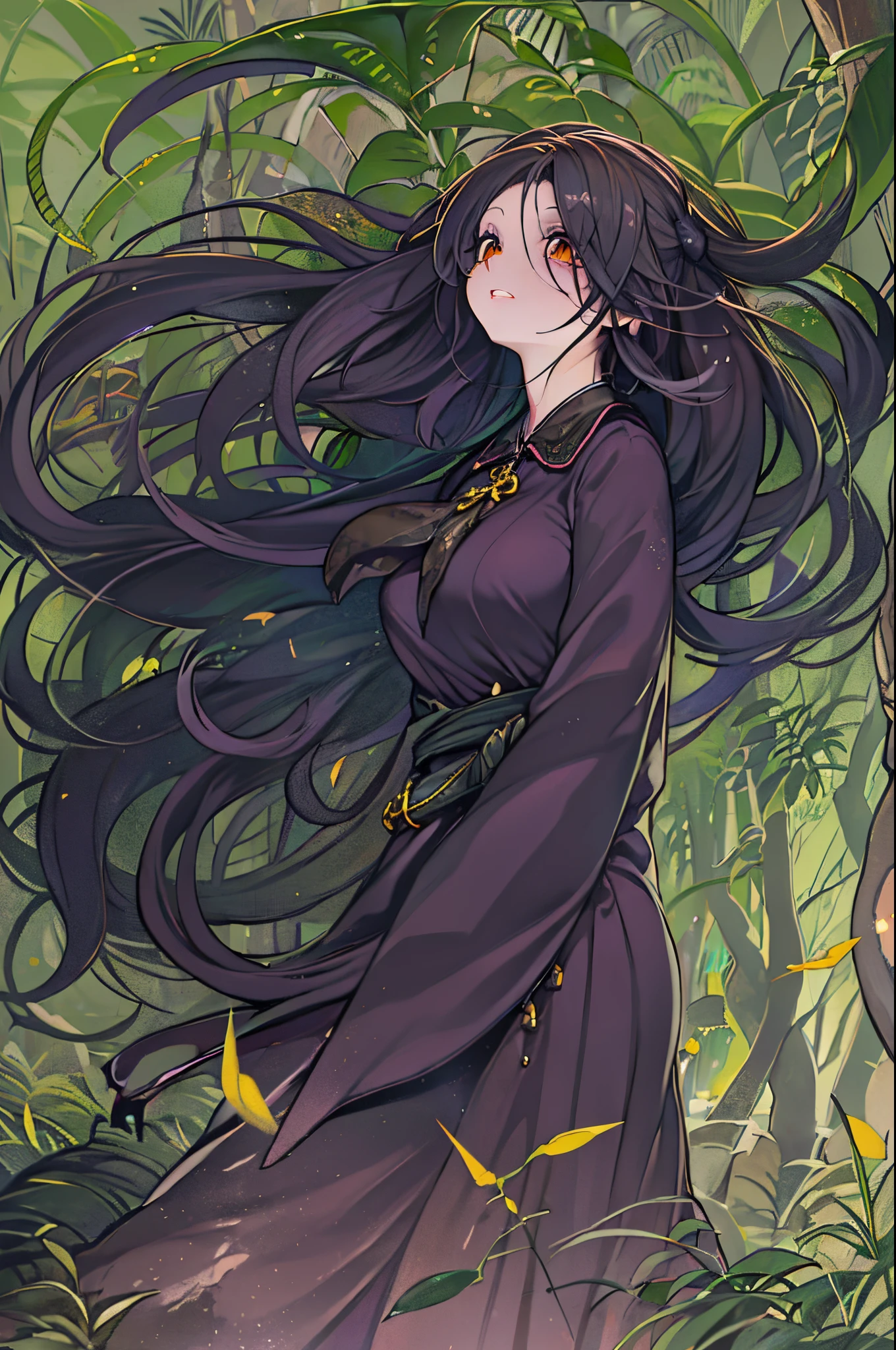 Villain, 200-year-old witch, Long Black Hair, The magic of her hands shining