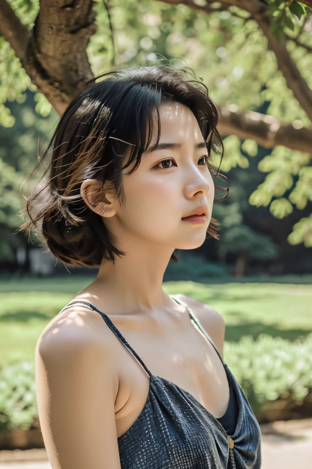 (masterpiece), (best quality), 1girl, perfect body, bare shoulder, portrait, photography, windy, under the tree, sunny