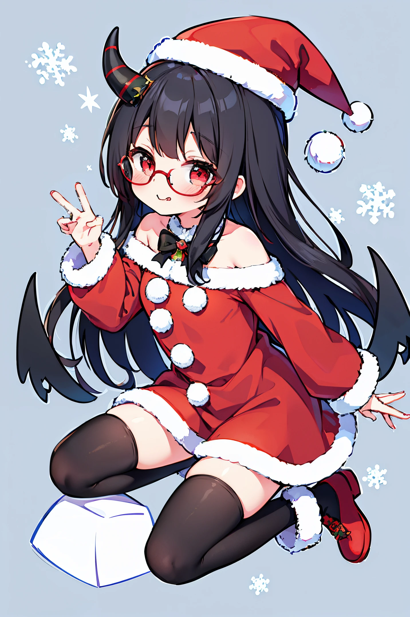 "anime girl, 1 person, black hair, shoulder length hair, red eyes, glasses, white horns, discreet, santa outfit, santa shirt, santa hat, winter outfit, big breasts, stockings,  licking lips, small black wings on back, solo, front view, falling snow, Christmas gift box,chibi,full body,Christmaull HD 4K+ image)"