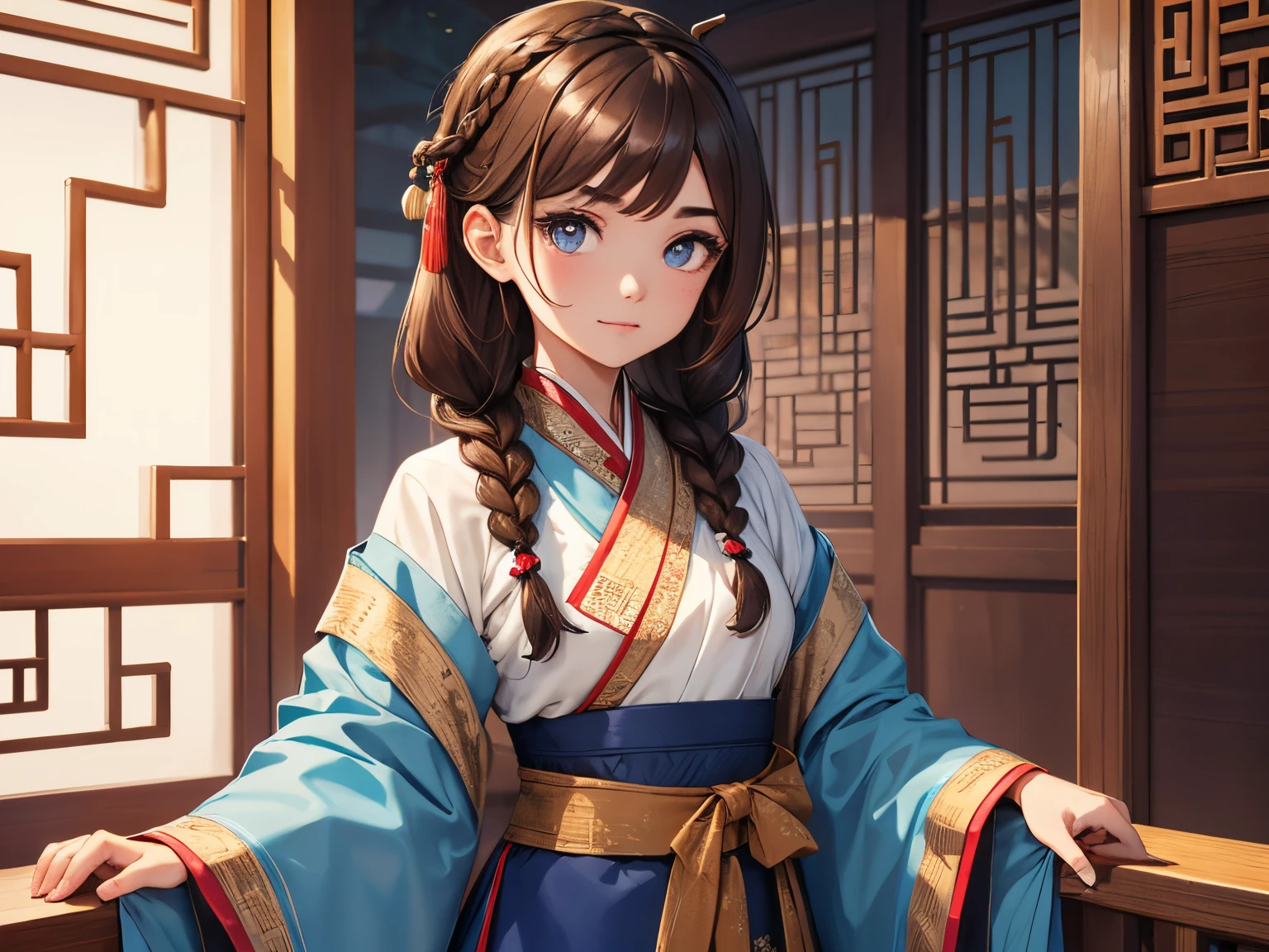a smart girl,Brown hair,brown pupil skin,twice as good,There is a hairpin on the head,Side eyebrows with twisted braids,A shallow smile,Wearing traditional Chinese clothing,Hanfu and blue color matching clothes