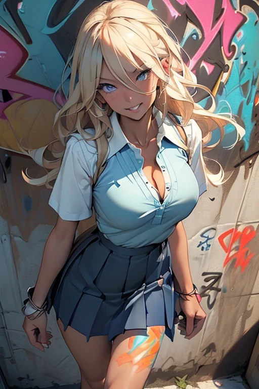 (Blonde long hair)、 prostitute standing facing forward 、Full body posture、 (A detailed eye、blue eyess、二重まぶた、A slight smil、Opens mouth and laughs)、 (Short White Polo Shirt:1.3)、(Show cleavage:1.5)、(Black pleated skirt:1.3)、(Sexy blue panties:1.2)、(Holding a black handbag))、((Colossal tits))、Underbore Amerto:1.3)、Model body type、(short and slim abs))、(5Fingered hand、Highly detailed facial and skin texture、(brown skinned:1.5))、 (Super close-up shot from above:1.2)、Focus on the crotch、(Looking at the camera:1.2))、((top-quality、8K,masterpiece:1.3))、(Beautiful woman with perfect figure:1.4)、(Graffiti art wall with colorful letters:1.3)、