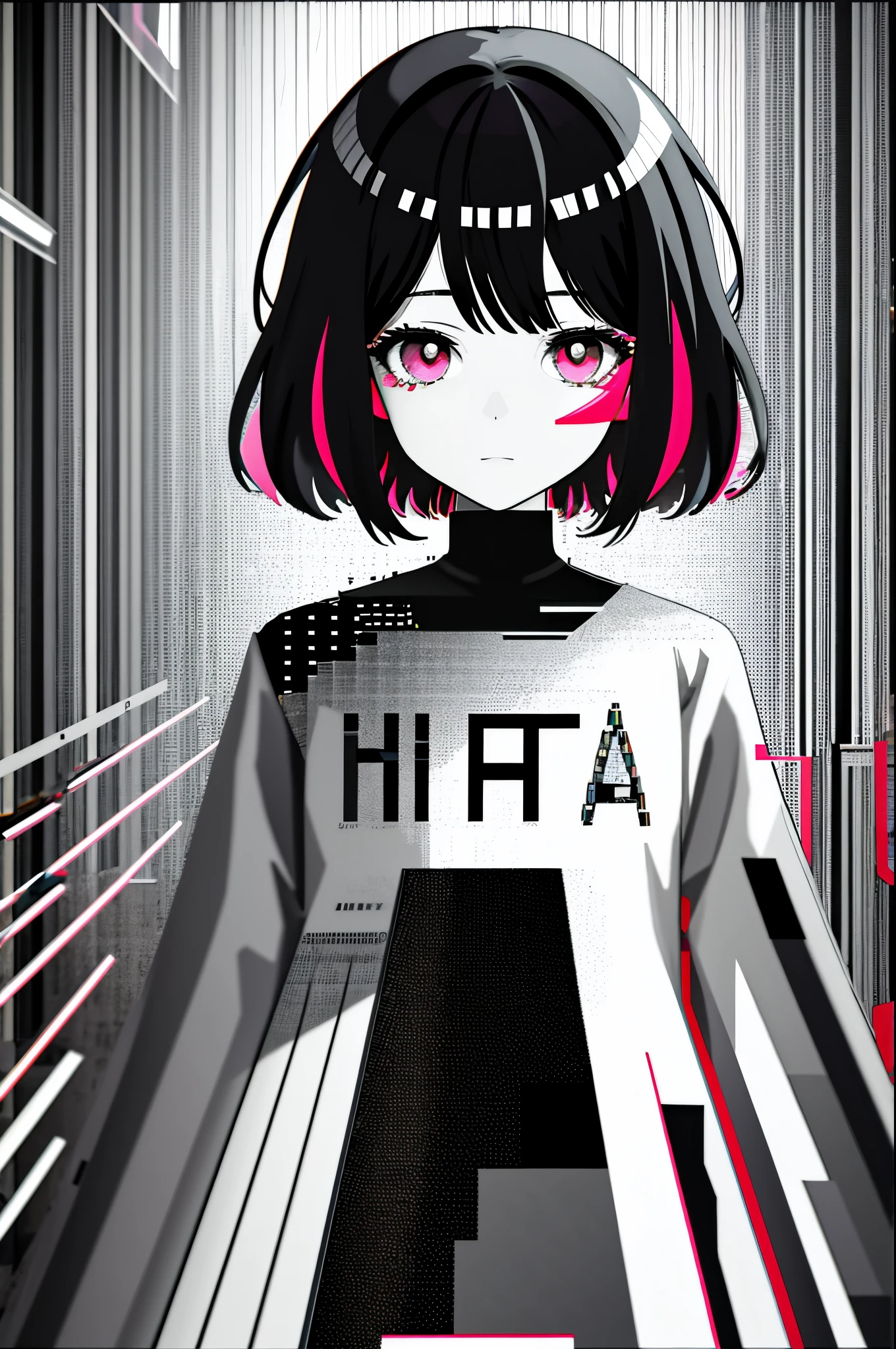 {{cute anime face}}, (best quality), (ultra-detailed) , (best illustration), (extremely delicate and beautiful},{album cover}, album, album description, {error}, {{glitch lump}on face},(glitch art:1.5), {Pixilation on face},Double exposure, {Chromatic Aberration}, Light leaks, Noise and grain, Color degradation, Glitch lettering,design,1 girl, art, abstract art, (flat_chest, short red hair, short wavy hair,floating black jacket, white school uniform, white beret,bowknot over white beret , floating black feathers:0.5), geometry, clear lines, squares, bright, limited palette