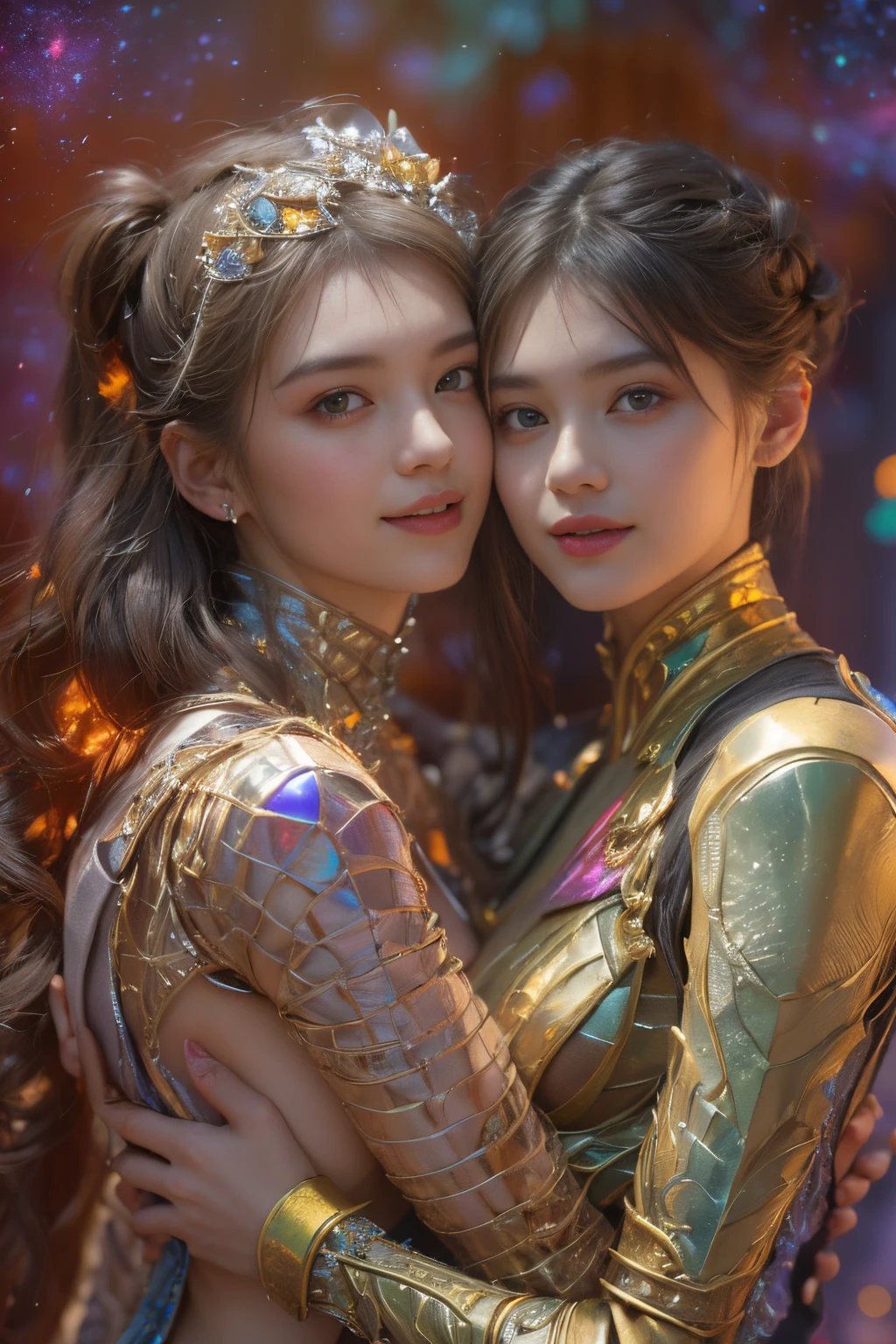 (Two beautiful teenage italian girls:1.6), Close friends, (They are hugging each other:1.2), Kiss her cheek or chest,(Detailed iridescent bodysuit with beautiful fractal or marble design:1.5), Incredible and spectacular scenes, ((High quality)), ((Detailed)), ((Fantasy)), Blue Plasma Brain, Green Plasma Body, Showing her armpits, beutiful breast, obscenity, (Lewd smile:1.2), coarse, Obscene, (Immoral:1.2), Lachish, (small breasts with beautiful raised pink areolas,:1.5), (Cameltoe), (Expression of ecstasy:1.2), Photorealistic, Official art, Unity 8K Wall , 8K Portrait, Best Quality, Very high resolution, (Incredibly beautiful nature background:1.6), (:1.5), (Sexy and glamorous:1.1), (A coquettish expression:1.6), (seductively smiling:1.6), (erotic posing:1.9), (Model Posing:1.8), Beautiful seductive face, Portrait, (Thick eyebrows:1.4), (Big scarlet eyes:1.6), Beautiful eyes with fine symmetry, (Ultra detailed eyes:1.4),(Highly detailed face and eyes:1.7), (High-resolution red-eye:1.8), Intimate face, (ultra detailed skin texture:1.4), White skin, pale skin, Perfect Anatomy, Thin, (Beautiful toned body:1.5), Highly detailed hair, (Moist skin:1.2), No makeup, (dark circles:1.1), Good anatomy, Focus Face, good-looking, (Emilia Clark:0.6) (Emma watson:0.3),(Jennifer Connelly:0.4), Elegant face, Nice, (A delicately crafted necklace is wrapped around her neck.), (Bioluminescence with brilliant brilliance:1.4), (Luminous magic circle:1.5), Ruins of an ancient castle, Shining majestic cloud masses and sky, lightning bolt, Epic Realistic, (Greg Rutkowski:0.8), (teal and orange:0.4), (Art Station:1.5), Cinematic, (NSFW:1.2), Hyper Detailed, Dramatic light, (Intricate details:1.1), Beautiful black hair, (Wearing a gauntlet with a dense and very beautiful design decorated with jewels:1.1), Small chest, Galaxy, (nebulas:1.6), The Dark Knight, Fully armored body focus