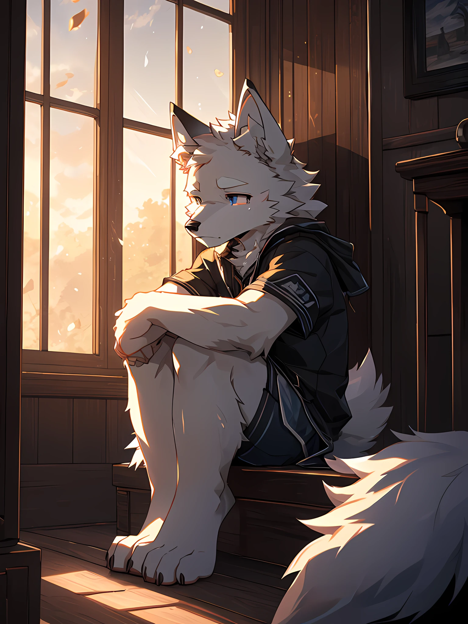 furry,bara,Shota,white fur wolf,masculine,Kneeling in the corner of the room,I cried..,Sadness Face,There were clear tears running down her cheeks..,(((Maximum resolution,HDR,10,10 bit)))