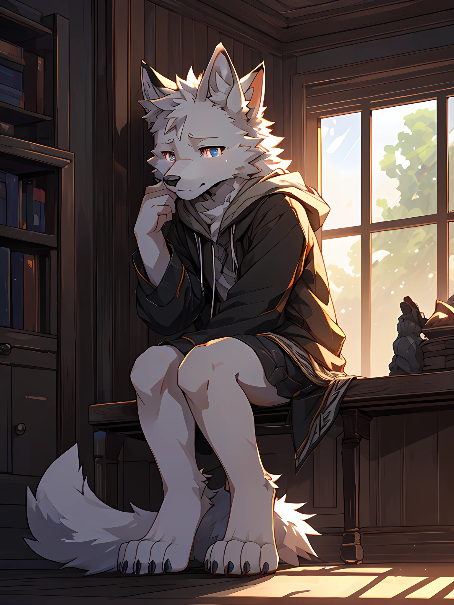 furry,bara,Shota,white fur wolf,masculine,Kneeling in the corner of the room,I cried..,Sadness Face,There were clear tears running down her cheeks..,(((Maximum resolution,HDR,10,10 bit)))