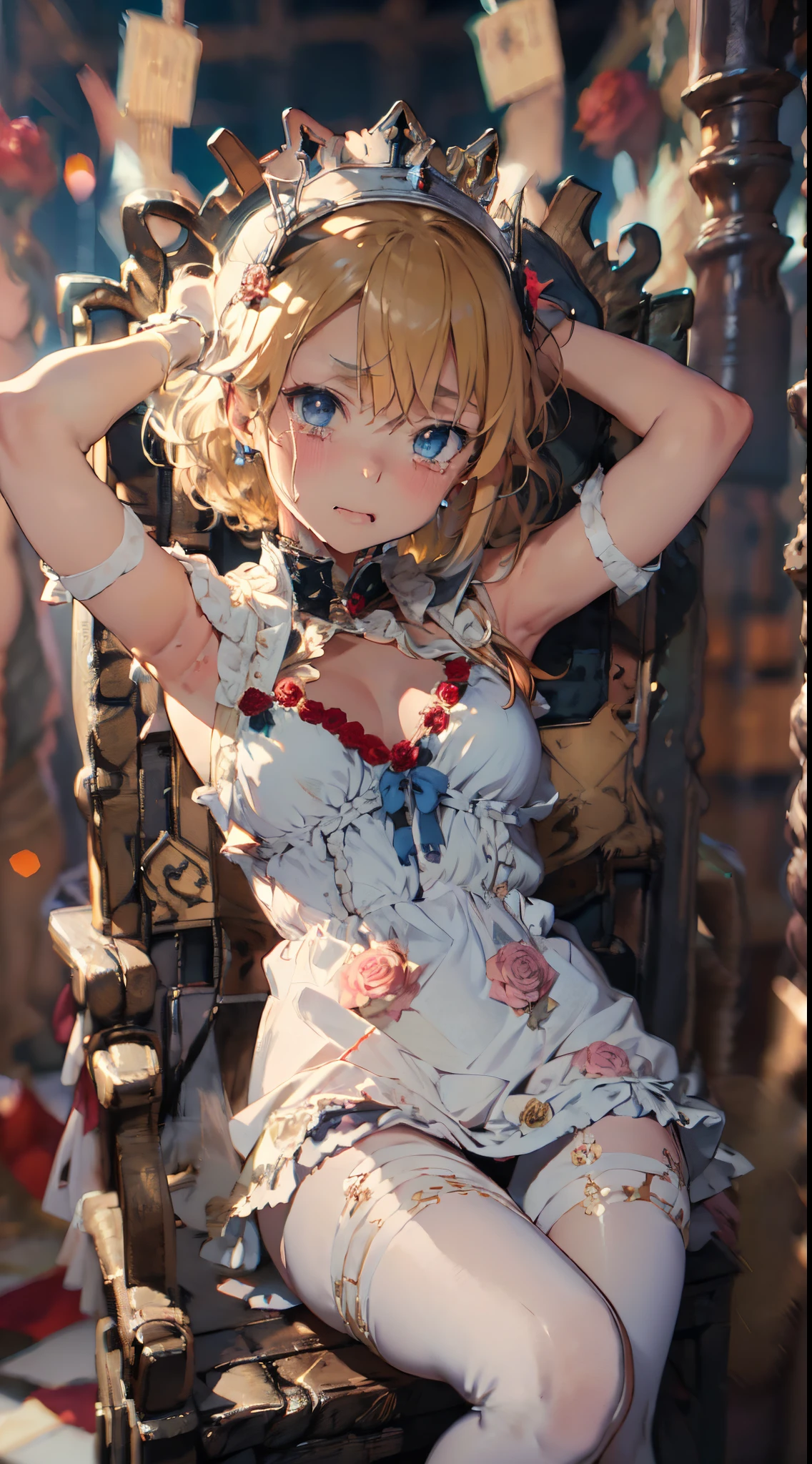 (The highest image quality, master piece:1.2), (Ultra Definition Illustration), (very beautiful littele princes:1.3), (1 girl:1.2), Solo, nsfw,  (shoot from very below:1.3) ,(condescending look:1.3), (nsfw:1.2), (sleeveless gorgeous queen blue dress with roses:1.3), sitting on the throne chair, queen crown, (armpits, tied wrist:1.2), (spread legs:1.3), (white panty:1.3), full body, Round , (Blonde Short-Cut Hair), (white thigh high pantyhose:1.3), (embarrassed, crying), Luxurious palace rooms, Fancy Room, rpgroyalty, wooden horse,