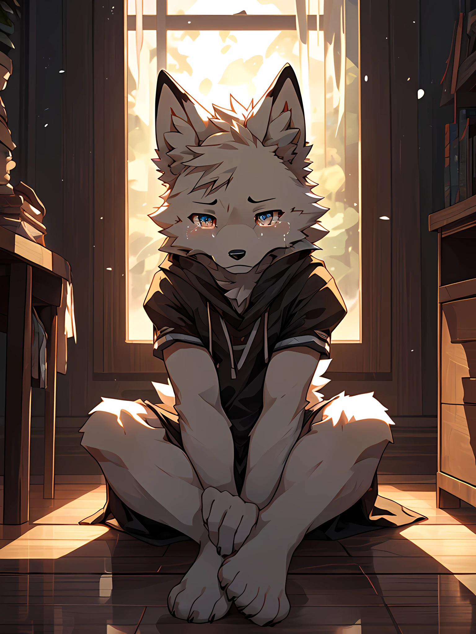 furry,bara,Shota,white fur wolf,masculine,Kneeling in the corner of the room,I cried..,Sadness Face,There were clear tears running down her cheeks..,(((Maximum resolution,HDR,10,10 bit)))