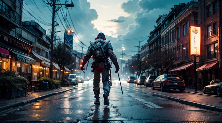 Zeus greek god as Santa Claus outfit post-apocalyptic world Ride a large, fierce, and formidable cyborg reindeer. Cross through the abandoned Atlantis empire ,a lot item around , Surreal, mysterious colorful