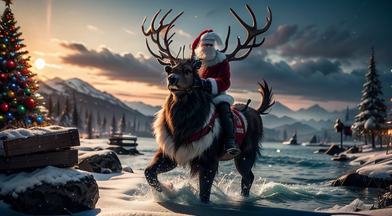 Zeus greek god as Santa Claus outfit post-apocalyptic world Ride a large, fierce, and formidable cyborg reindeer. Cross through the abandoned Atlantis empire ,a lot item around , Surreal, mysterious colorful