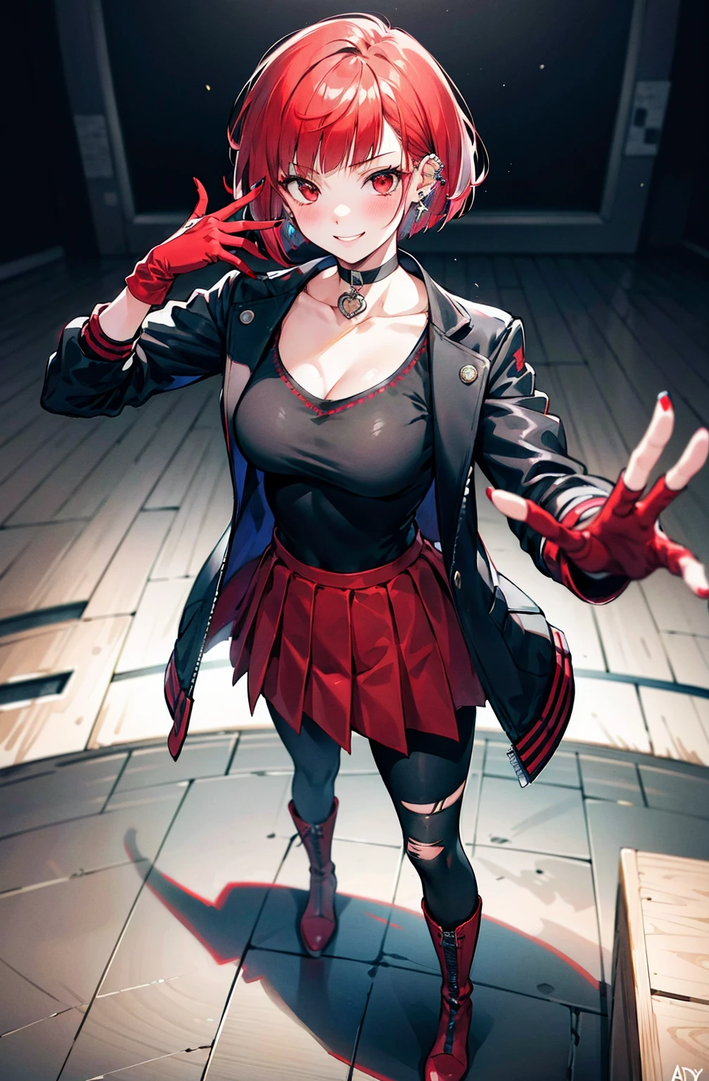 in the style of persona 5, smal breast, delinquent, (sukeban), mature_female, blush, mature, older woman, 25 years old, Sukeban teacher outfit, (1girl, solo female, solo, solo focus)++++, choker, sukeban school teacher, sukeban school fighter, long_sleeves, open jacket, blue jacket, jean, light skin tone female, full body, jacket, biker jacket, tape, arm_support, gloves, red_gloves, bridal gauntlets, nail polish, boots, hioots, black_footwear, fighter outfit, full body, hourglass, mature face, cheeky smile, cheeky face, wrinkles, (red hair, short hair, bob cut, earrings, ear piercings), red eyes, (fighting art, Martial arts, standing, fighting_stance, fight, fighting), extra colors, 2D, megapixel, perfectionism, accent lighting, full HD , (Masterpiece:1.2), (full-body-shot:1),(cowboy shot:1.2), (Highly detailed:1.2),(Detailed Face:1.2), Colorful, A detailed eye, (Detailed landscape:1.2), (natural lighting:1.2), ((sukeban school teacher)) by Vincent Di Fate: Aidyllery, Anamorphic Shot, rule of thirds, face by Artgerm and WLOP,